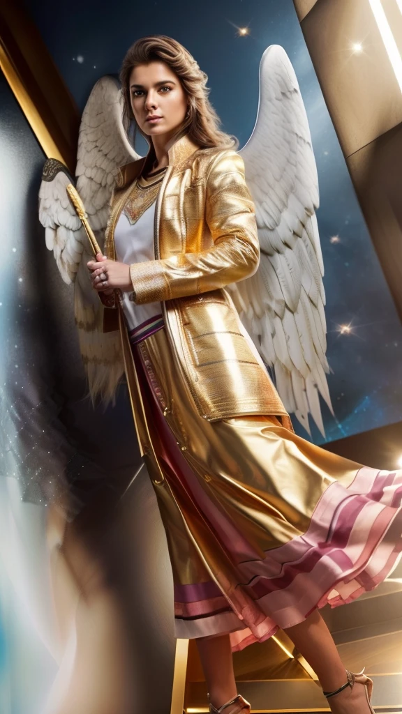 ((Archangel Saint Michael young very Masculine. 19 years old))) ((( Con una cara seria y piadosa. Con una mirada dulce y tierna))) (obra maestra, calidad superior, mejor calidad, arte oficial, beautiful and aesthetic: 1.2), (1girl), extremadamente detallado, (Arte fractal: 1.3), colorido, highest detailed, Cara perfecta, parte superior del cuerpo, HDR, (orando: 1.3), (golden lines of white coat: 1.2), galaxia, (rayas de luz), eye-catching visuals, (dynamic stripes, senderos luminosos: 1.2), colores vibrantes,