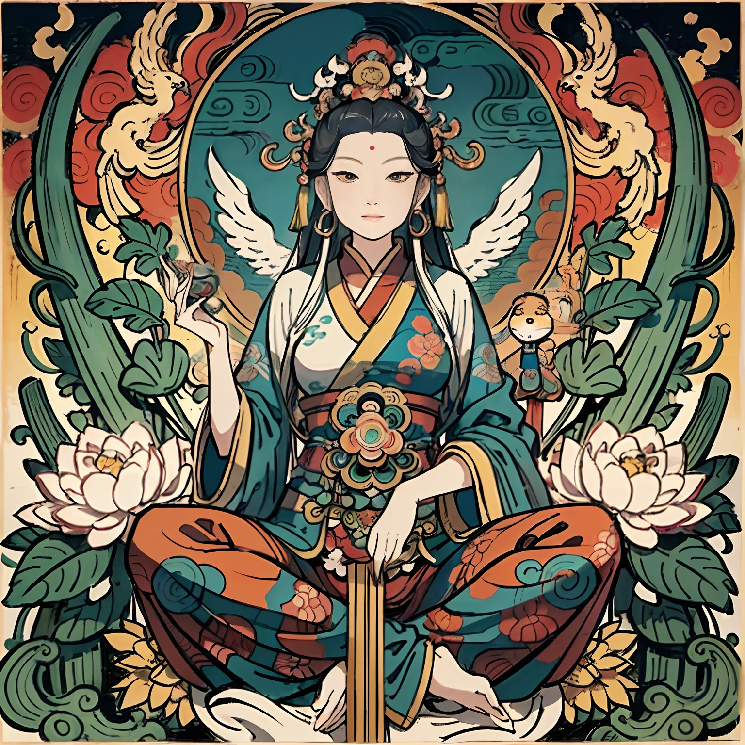 an ancient Chinese goddess, guanyin of the southern seas, Guanyin, Inspired by India, Avalokiteshvara rides a phoenix，,Serene expression,shui mo hua,Buddha,Buddhist,Lotus,Chinese painting style,Thangka style
