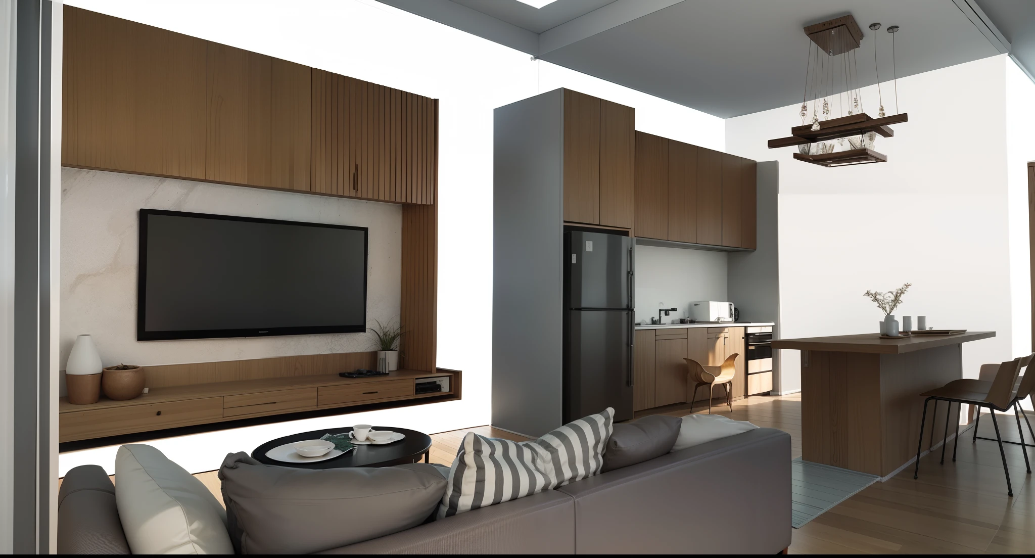 interior design、Insanely detailed wide-angle architectural photo、Cozy contemporary living room、(Bright and warm sunlight 1:0.1)、Award-winning contemporary interior design、landscapes、The table、a chair、in a house、Wooden flooring、window、resturant、east asian east asian architecture、sliding paper doors、abajour、architectural、the woods、naturey、cups、a plant、interior design、Insert lighting and shadows、depth of fields、low illuminance