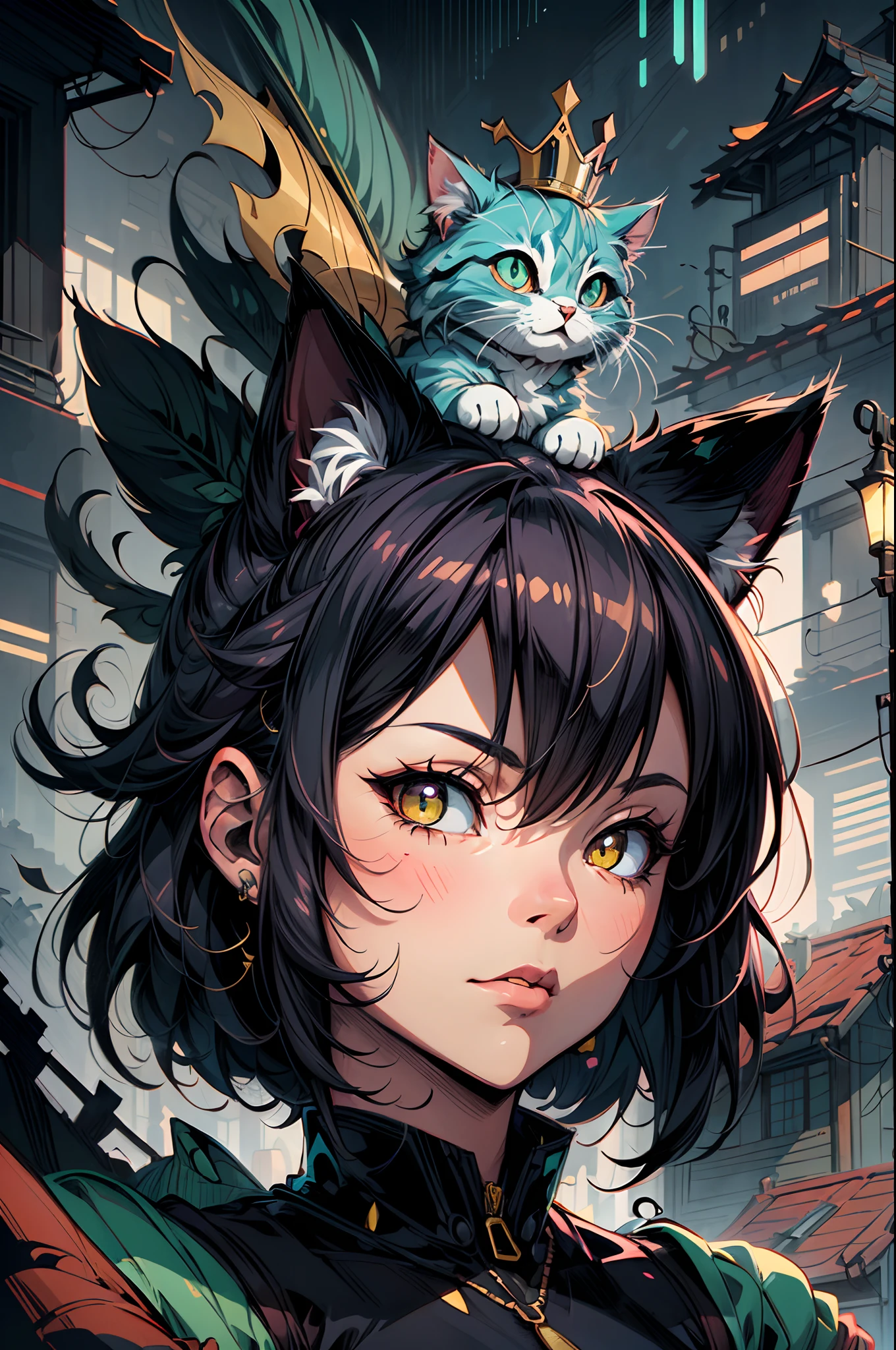 BREAK Cat wearing a gold crown fantastically detailed shining eyes modern anime style art cute vibrant detailed ears cat portrait shinkai makoto Studio ghibli studio key hideaki anno Sakimichan Stanley Artgerm Lau Rossdraws James Jean Marc Simonetti elegant highly detailed digital painting artstation pixiv