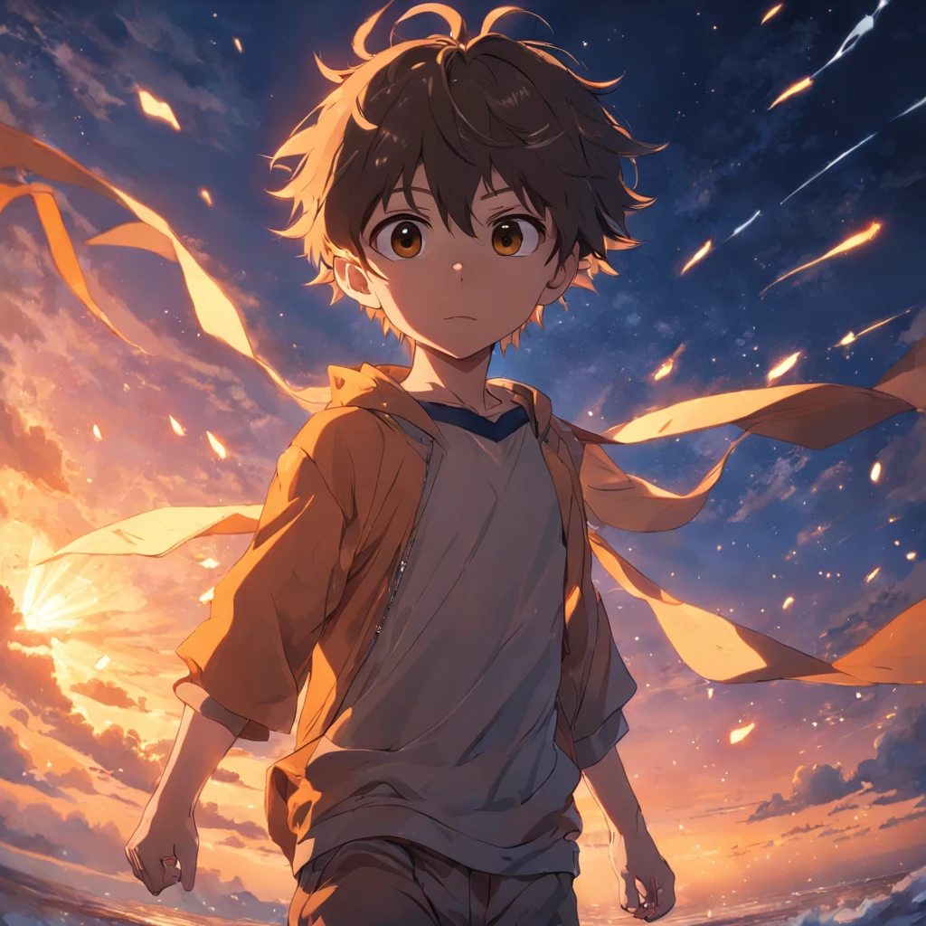 obra-prima, melhor qualidade, filme ainda, 1boy, garoto nuvem, floating into the sky, close-up, brilhante, feliz, Soft lighting and Warm, sun sunset, (Sparks: 0,7), poderes de luz, loiro, roupa bege.