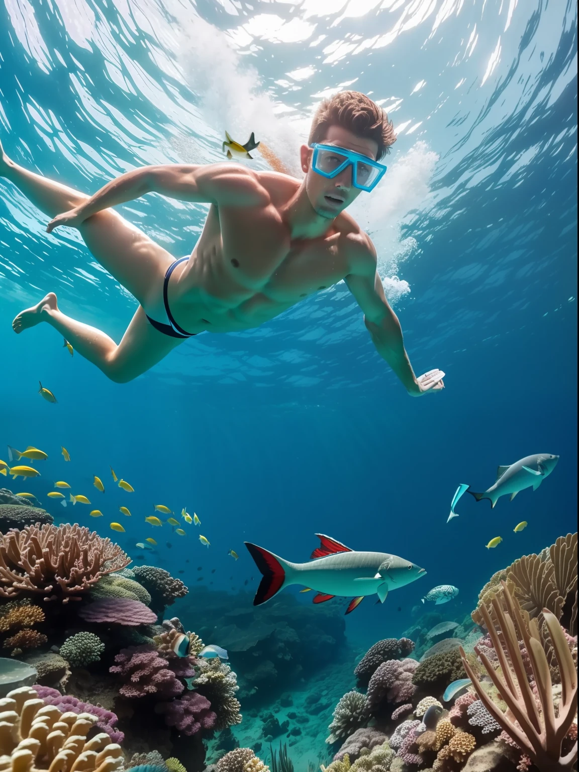 A full wide shot of a young Australian man with snorkeling gears dives after chitala fishes in a pool. bright pastel colors, cinematic comedy 8k --ar 16:9 --v 5.2 --s 750