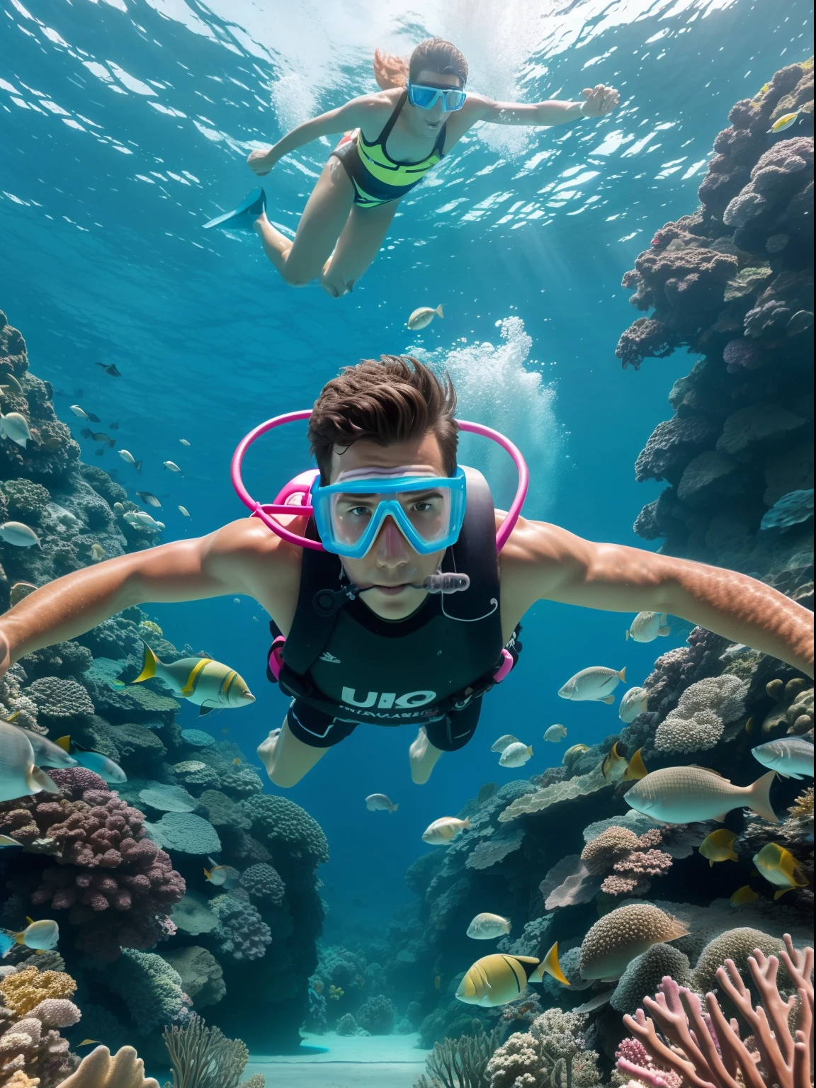 A full wide shot of a young Australian man with snorkeling gears dives after chitala fishes in a pool. bright pastel colors, cinematic comedy 8k --ar 16:9 --v 5.2 --s 750