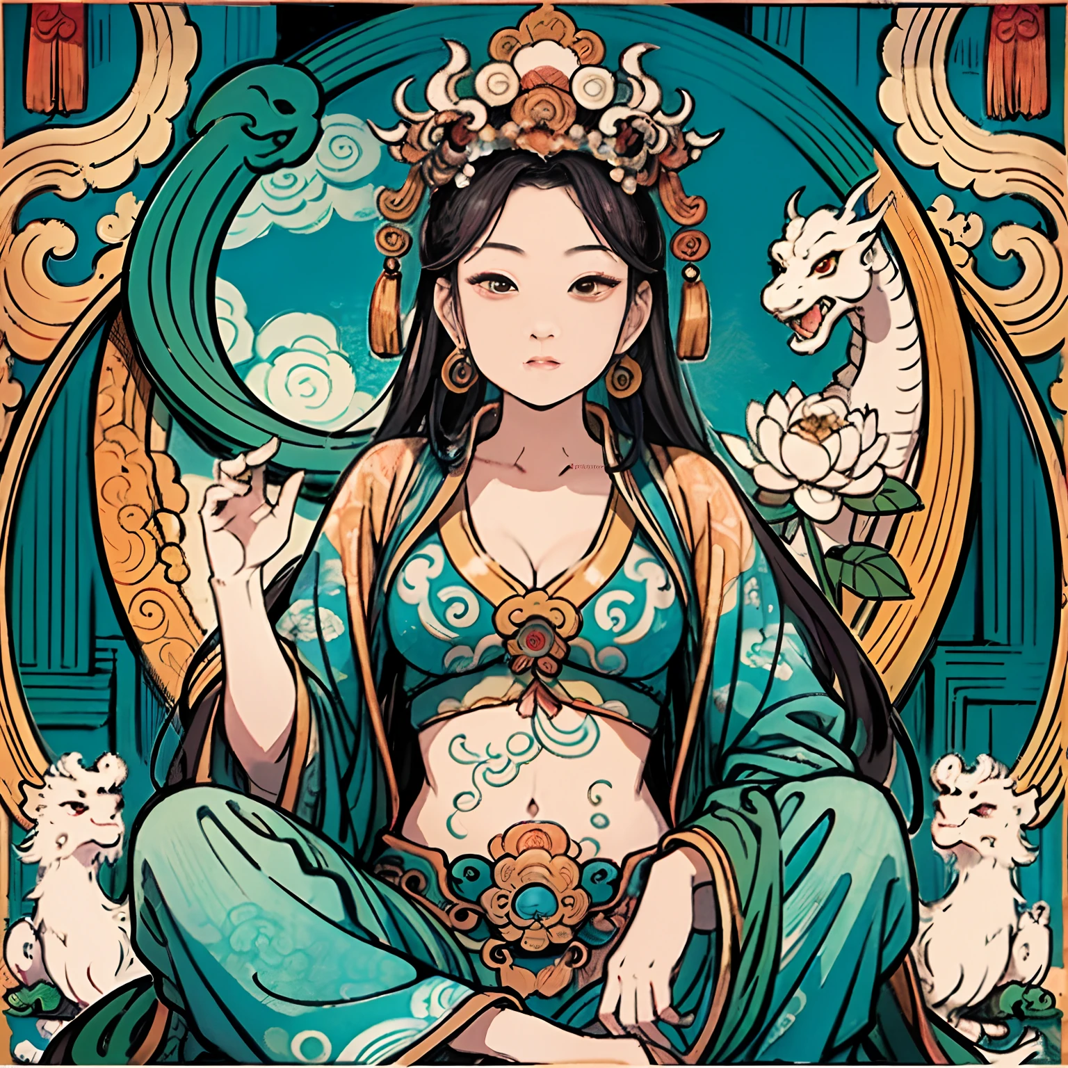 an ancient Chinese goddess, naked guanyin of the southern seas, Guanyin, Inspired by India, Avalokiteshvara Bodhisattva Phoenix,,Serene expression,shui mo hua,Buddha,Buddhist,Lotus,Chinese painting style,Thangka style, (nsfw: 2.0), naked: 2.0