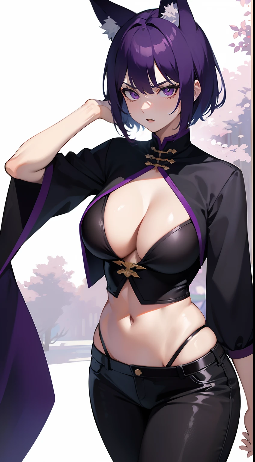 Adult woman, short purple hair with white strands, Fox ears, violet eyes, Chinese Battle Dress, neckline on the chest, open belly, tight pants, Fox tails, angry, Masterpiece, hiquality