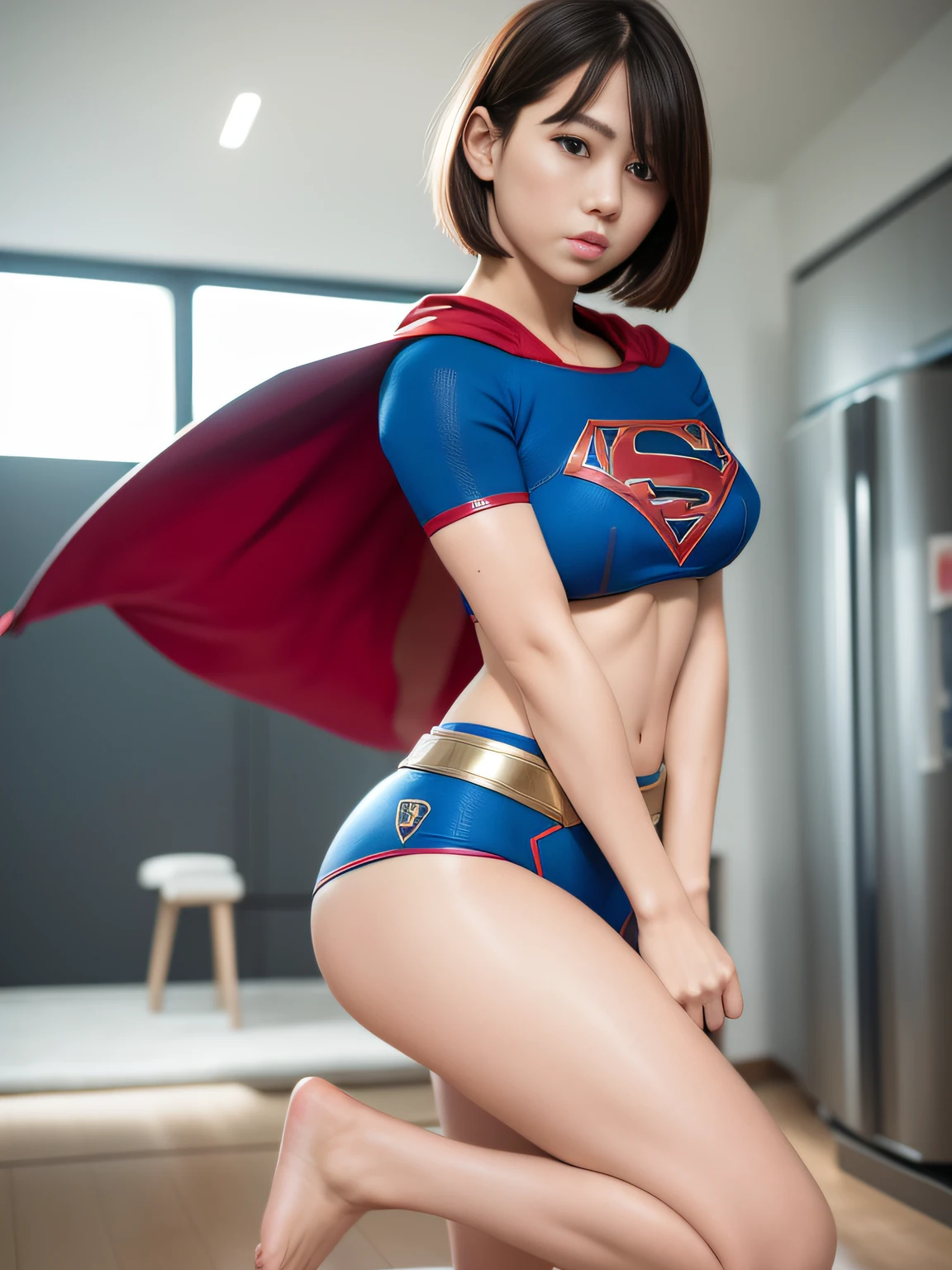 ​masterpiece、Short-haired Supergirl、Gymnasium、bare-legged、Looking at the camera、large boob、Too short miniskirt、highleg、yoga pose、