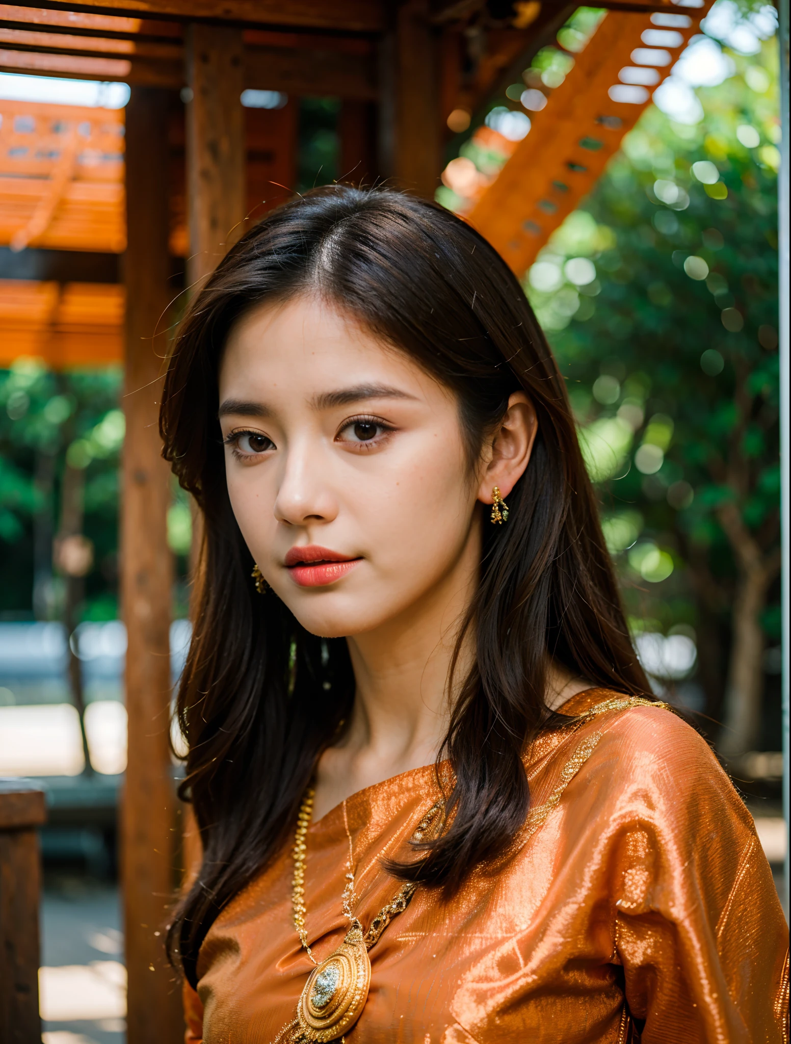 (8k,masterpiece,hi ultra res, realistic :1.3), best quality, portrait , realistic, focus face, close-up, 1  woman, brown long hair, thai traditional dress , ( red sabai:1.2), temple background, (breeze:1.2),(sun lighting:1.2)