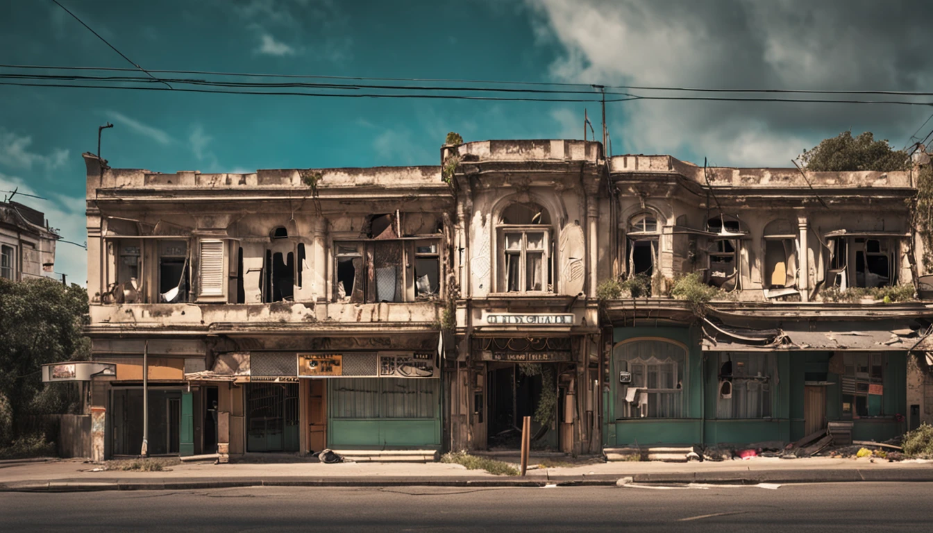 Neglected hotel seen from the street with a bit of rubbish scattered and the building needing a bit of maintenance