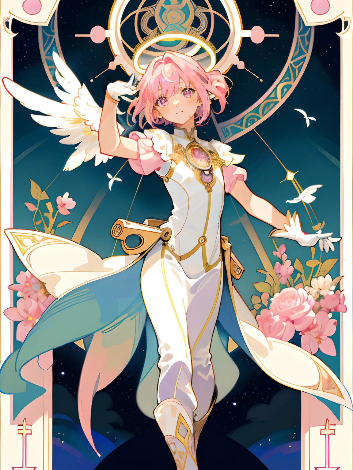((masterpiece,best quality)),(1girl, solo:1.4),beautiful detailed eyes, vivid, cinematic light, full_body, pink_flowers, (tarot_card), intricate, detailed background, looking_at_viewer, Madoka Kaname, hands reaching out, (flat chest), (walking), casual pose, posing, (white_gloves), (pink_eyes), white feathers, sparkles, glitter, celestial, outerspace, by alphonse mucha, (gold frame), halo, (tarot border)