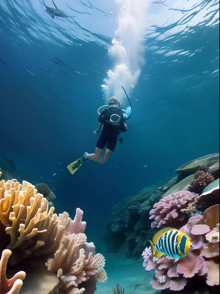 A full wide shot of a young Australian man with snorkeling gears dives after chitala fishes in a pool. bright pastel colors, cinematic comedy 8k --ar 16:9 --v 5.2 --s 750