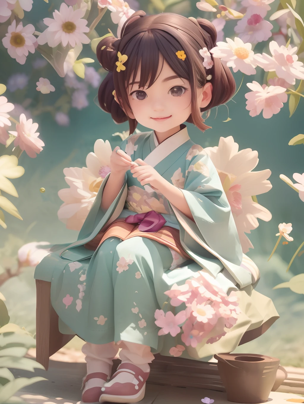 Anime girl in kimono sitting on a bucket with flowers, Guviz-style artwork, Palace ， A girl in Hanfu, Cute detailed digital art, Digital anime illustration, style of anime4 K, adorable digital art, Detailed digital anime art, Guweiz in Pixiv ArtStation, lovely digital painting, Guweiz on ArtStation Pixiv