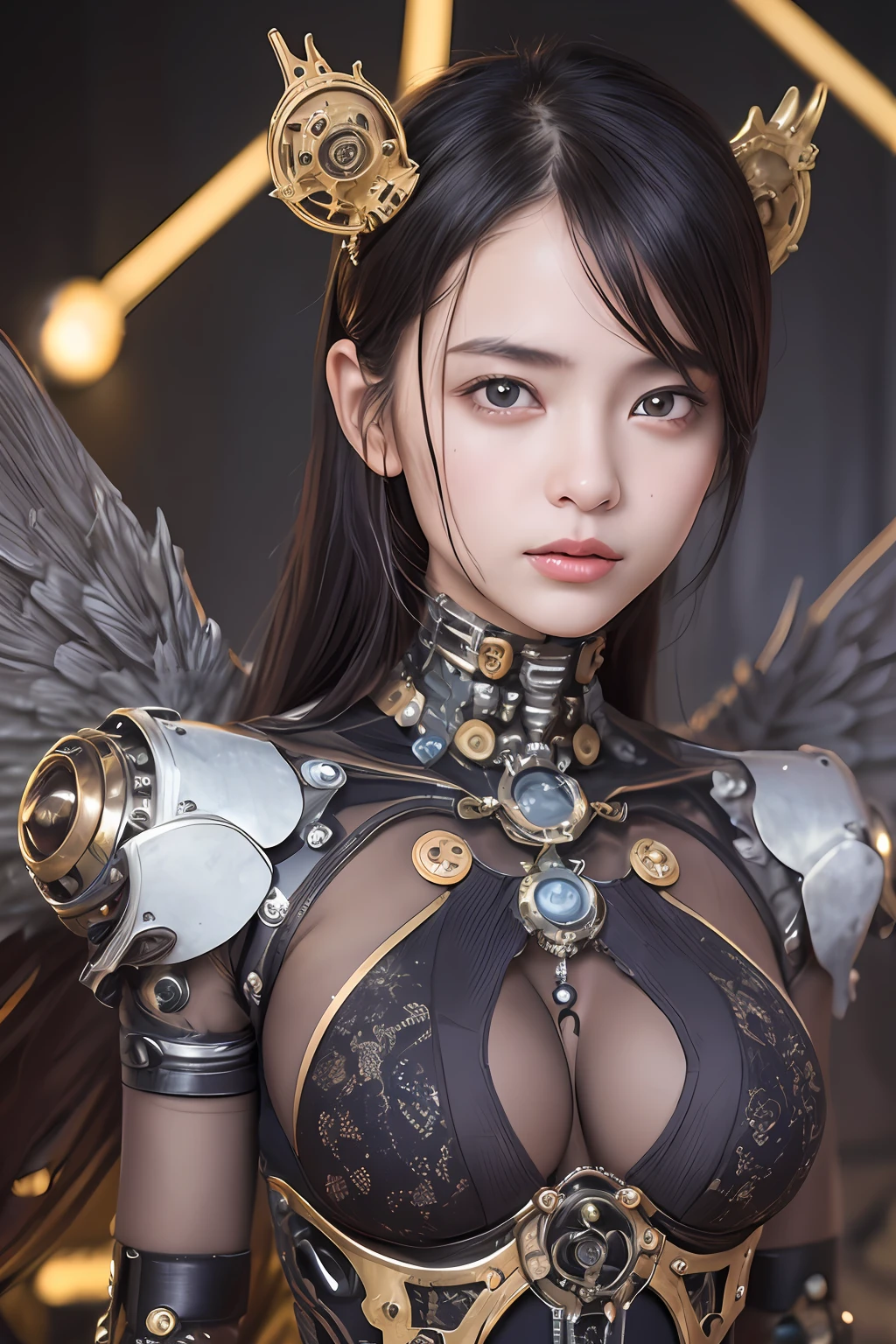 top-quality、masterpiece、超A high resolution、(Photorealsitic:1.4)、Raw photo、女の子1人、Black hair、glowy skin、1. Cyborg Angel、large metal wings、Shining Angel Circle、((super realistic details))、portlate、globalillumination、Shadow、octan render、8K、ultrasharp、Colossal tits、Raw skin is exposed in cleavage、metals、Details of complex ornaments、Steampunk details、vacuum tubes、Nixie Kan、Oil pressure gauge、Glass Kan、Analog Meter、gear wheel、gear、Hydraulic cylinder、highly intricate detail、Realistic light、a purple eye、radiant eyes、Facing the camera、neon details、Mechanical limbs、blood vessels connected to tubes、Mechanical vertebrae attached to the back、mechanical cervical attaching to neck、sitting on、Wires and cables connecting to the head、Small LED lamp、Sumerian details、