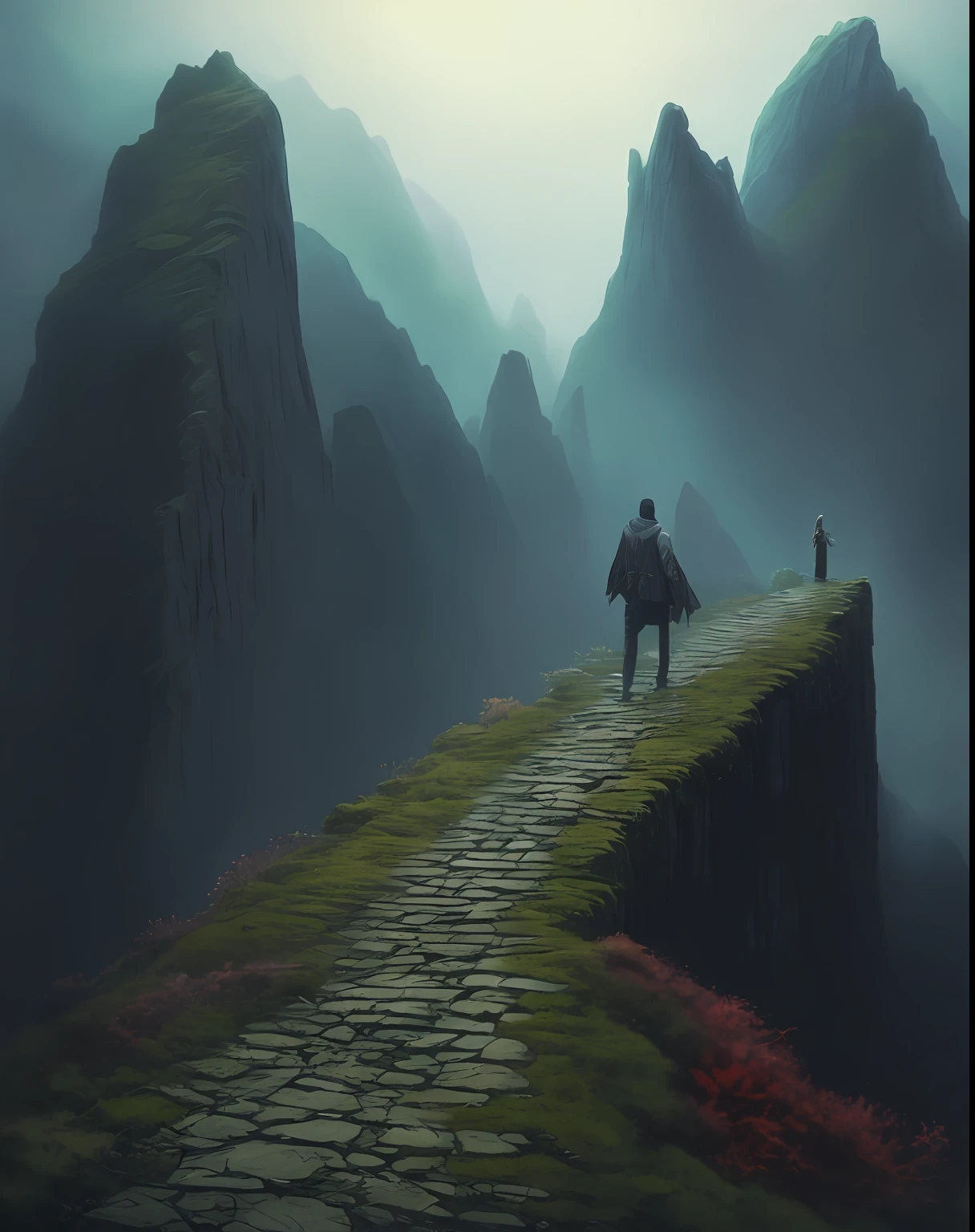 painting of a man in a cloak walking through a mountain, Zdzisław Beksiński style, an ominous fantasy illustration, inspired by Paul Lehr, inspired by Zdzisław Beksiński, Zdzislaw Beksinski, in style of Zdzisław Beksiński, realistic,ultra realistic
