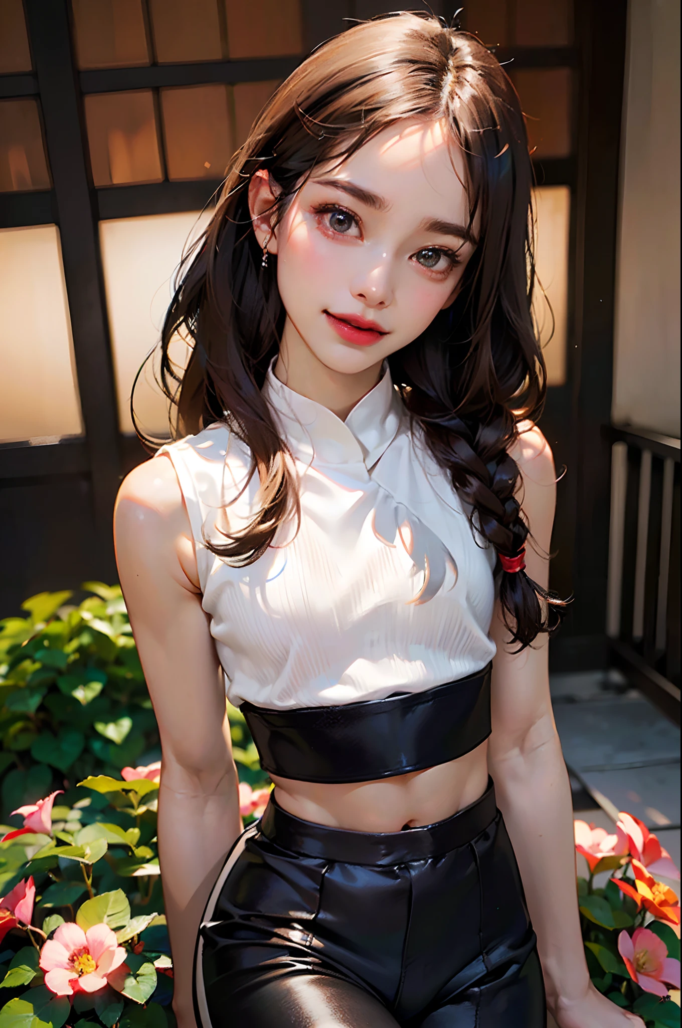 (Excellent photo of a beautiful Japanese Lady),
((highly detailed, best quality)),(photorealistic:1.2),8k,(high resolution),(depth of field:1.2),(character focus),perfect ???????
(1girl),(26yo),
((cowboy shot)),looking at viewer,
((beautiful detailed eyes)),(narrow face:1.2),thick eyebrows,(falling eyebrows),(tareme:1.2),(blue eyeshadow),big eyes,(brown eyes:1.3),
(smiling),blush,(super detailed skin),
(parted lips:1.1),(plump lips:1.2),(glossy lips),(lipstick)
braid,(black medium hair),(pulled back hair),((wide forehead)),
(ideal ratio body proportions:1.3),(tall body:1.2),(attractive thighs),(attractive waist circumference),
(flat chest:1.3), (nipples visible through clothes),(muscular:1.2)
(hot pants:1.2),sleeveless,(midriff top),(crotch bulge:1.3),((stocking))
flower garden