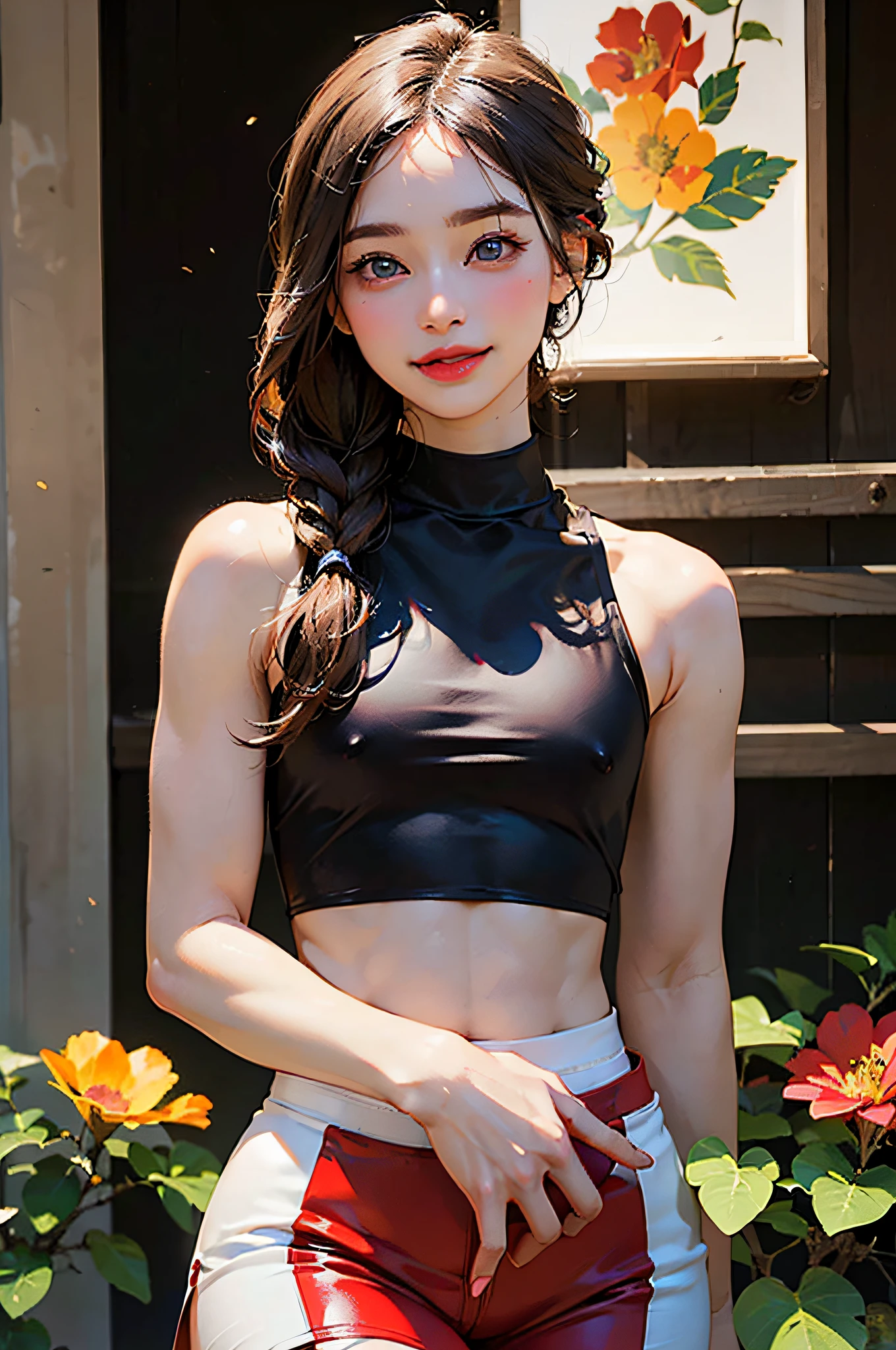 (Excellent photo of a beautiful Japanese Lady),
((highly detailed, best quality)),(photorealistic:1.2),8k,(high resolution),(depth of field:1.2),(character focus),perfect anatomy
(1girl),(26yo),
((cowboy shot)),looking at viewer,
((beautiful detailed eyes)),(narrow face:1.2),thick eyebrows,(falling eyebrows),(tareme:1.2),(blue eyeshadow),big eyes,(brown eyes:1.3),
(smiling),blush,(super detailed skin),
(parted lips:1.1),(plump lips:1.2),(glossy lips),(lipstick)
braid,(black medium hair),(pulled back hair),((wide forehead)),
(ideal ratio body proportions:1.3),(tall body:1.2),(attractive thighs),(attractive waist circumference),
(flat chest:1.3), (nipples visible through clothes),(muscular:1.2)
(hot pants:1.2),sleeveless,(midriff top),(crotch bulge:1.3),((stocking))
flower garden