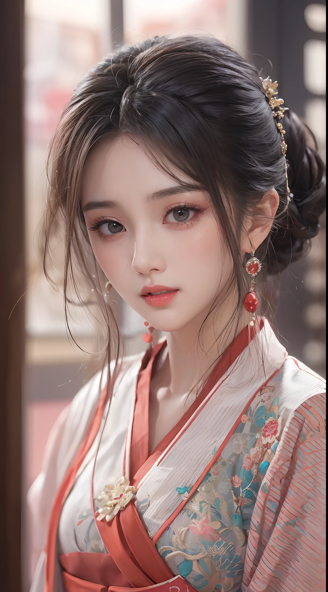 1 realistic beautiful girl, waist length hair, black eyes, long neck dress, hanfu style, wearing Chinese traditional clothes, smooth pinkish white skin, wear a necklace, wearing a discreet neck long dress, shoulders and head appear in photo, cute little face, puffy eyes under wet makeup, red lips, plump lips, beautiful lips, shut up, well-proportioned front teeth, shy, small face with meticulous and very beautiful makeup , smooth skin, very beautiful breasts, Big breasts are very round, breast augmentation, camisole inner cover girl's breasts, blusher, front view, earrings, necklace, top high, looking at viewer, upturned eyes, full body, masterpiece, top quality, best quality , official art, united wallpaper 8k, high resolution, ultra high definition, ultra detail, (photorealistic:1.2), alone, solo, Only 1 girl, Dunhuang hanfu style, 10x pixels, surreal, ultra high quality, full girl body, upper body,