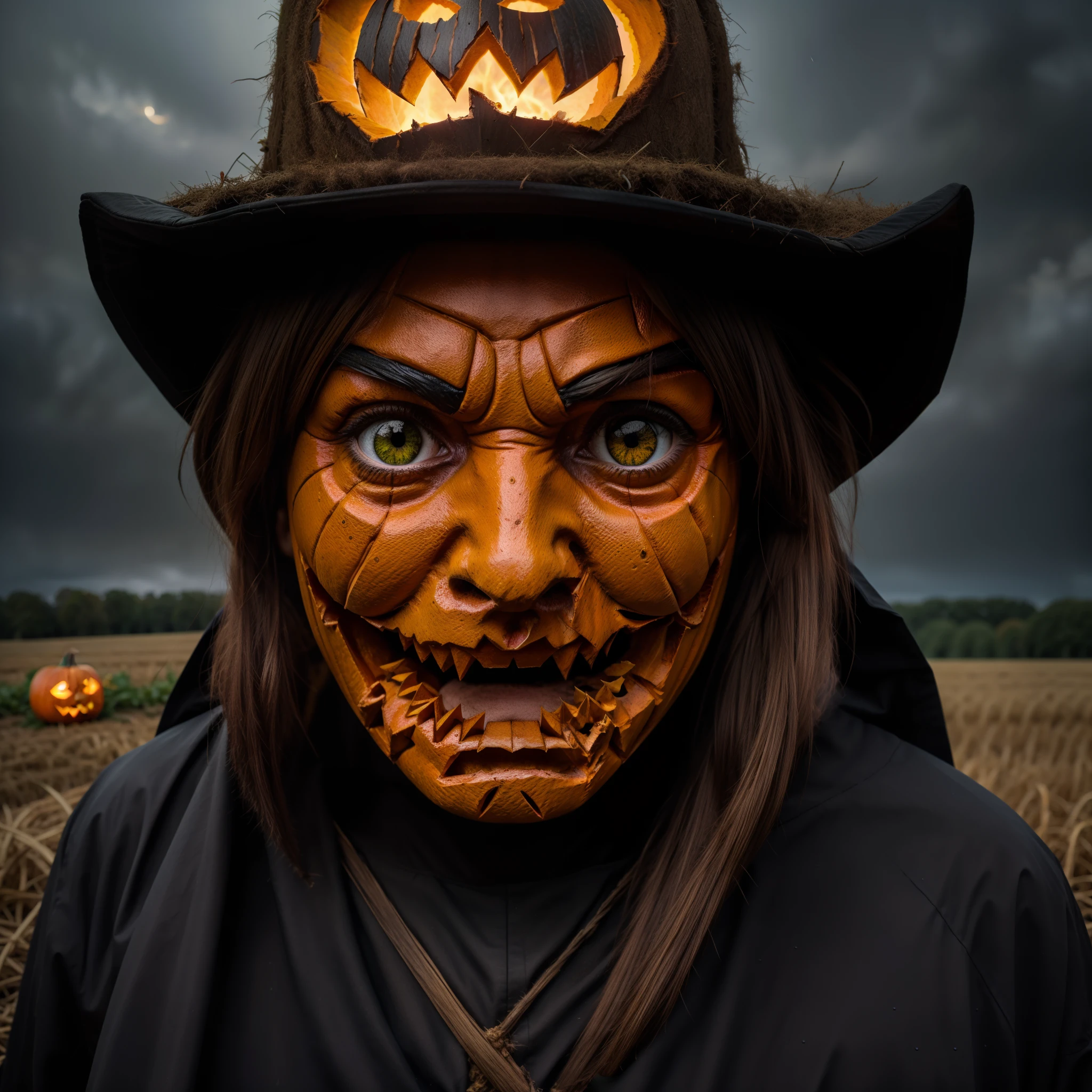 finally detailed, quality, (masterpiece:1.2), (best quality), (intricate details), homem, a demonic scarecrow with a pumpkin, Jack O'Lantern as the Chief, straw, Night, autumn weather, dark, spooky, cornfield, field on fire, rain, demonic, glowing red eyes, horror, spooky, pumpkin head, close-up, looking at viewer,