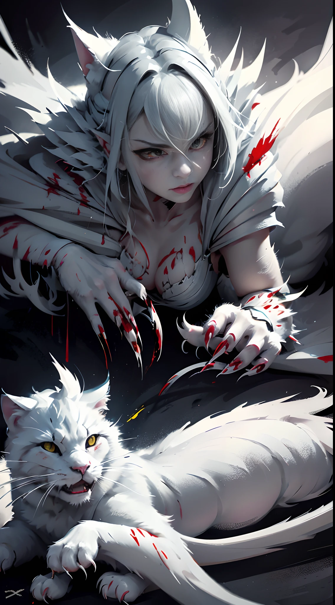 Vicious white cat，Dull yellow eyes，Extreme body detail close-up,White fangs,Sharp claws，Lie on the ground，blood-stained armor,The armor is tattered,Blood dripping,Blood dripped from the corners of the mouth,True blood,Full body like,Prepare to pounce upwards，wlop