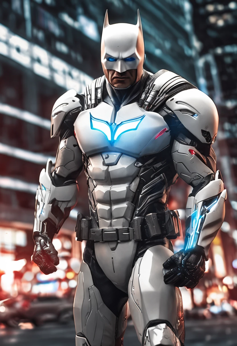 A realistic white and red batman in a titanium cybernetic suit, detalhado, designe perfeito, alta qualidade arestas perfeitas e simetricas ::n_desenho de estilo, Low-quality imperfection, boneco, jogo, anime