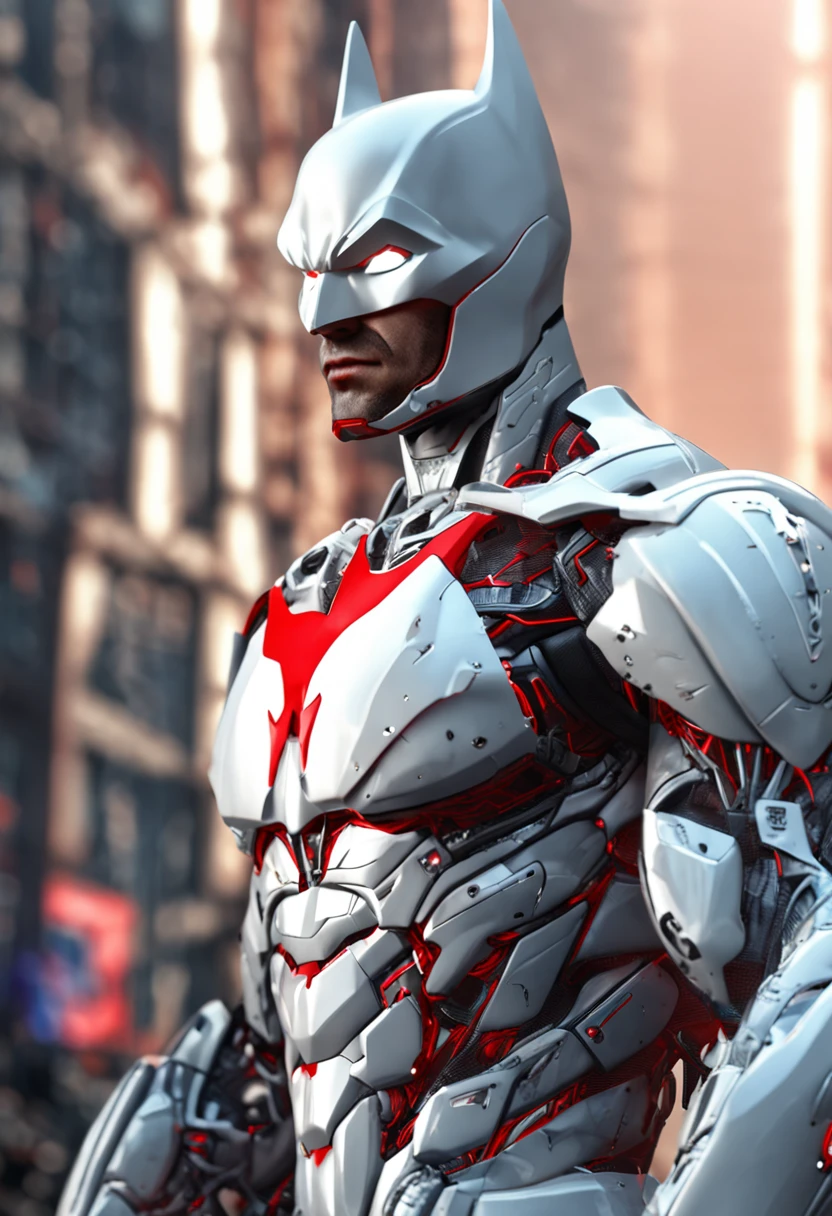 A realistic white and red batman in a titanium cybernetic suit, detalhado, designe perfeito, alta qualidade arestas perfeitas e simetricas  ::n_desenho de estilo, Low-quality imperfection, boneco, jogo, anime