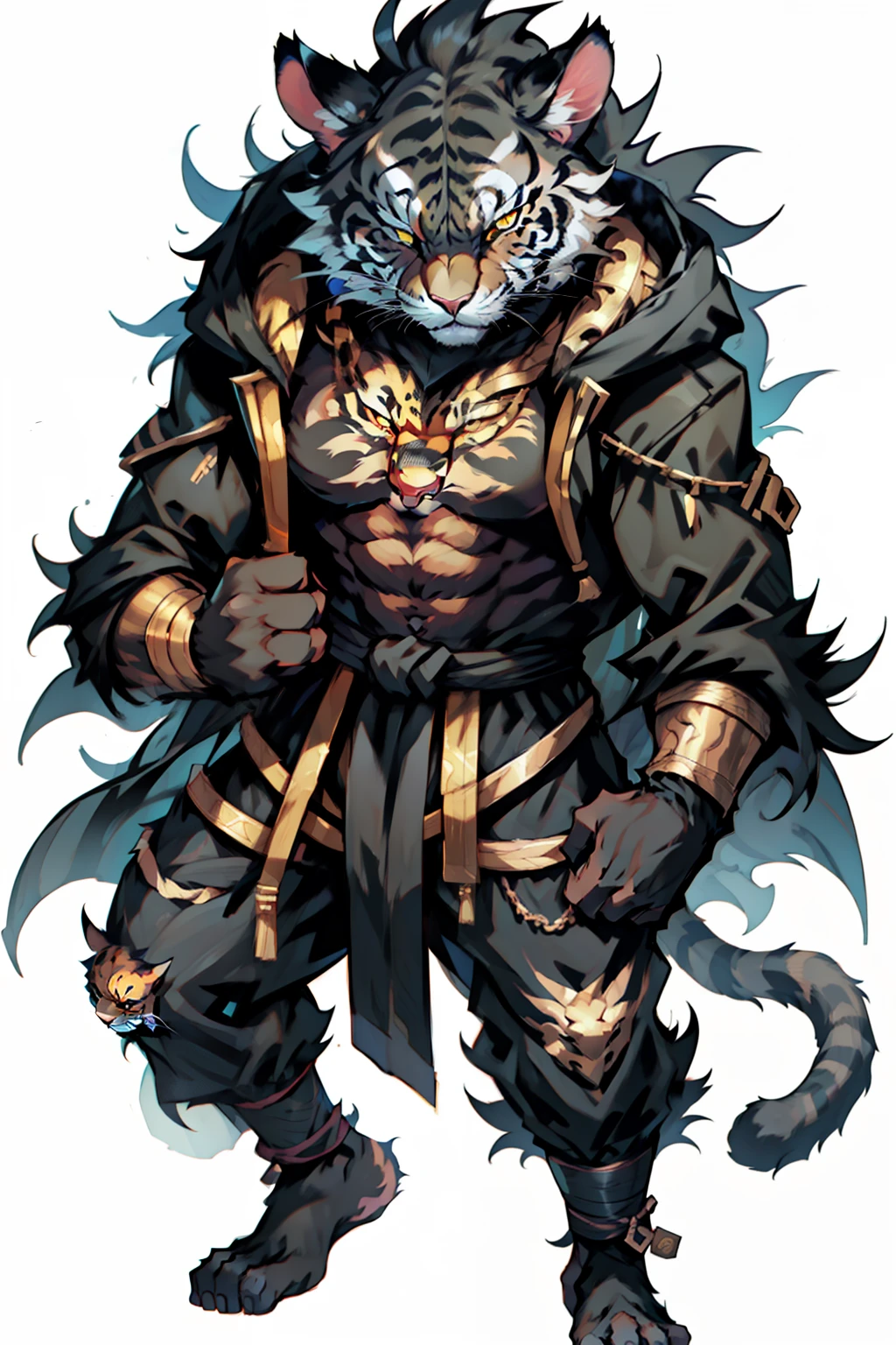 Beast creature, Cat face, a black tiger face, whole body covered in hair, fur, and tiger stripes, wearing the clothes of a black hooded jumpsuit with a waistband, black sash around the waist, wearing golden necklace, full body to toes and feet, topless, street fighter, random boxing pose, white background,