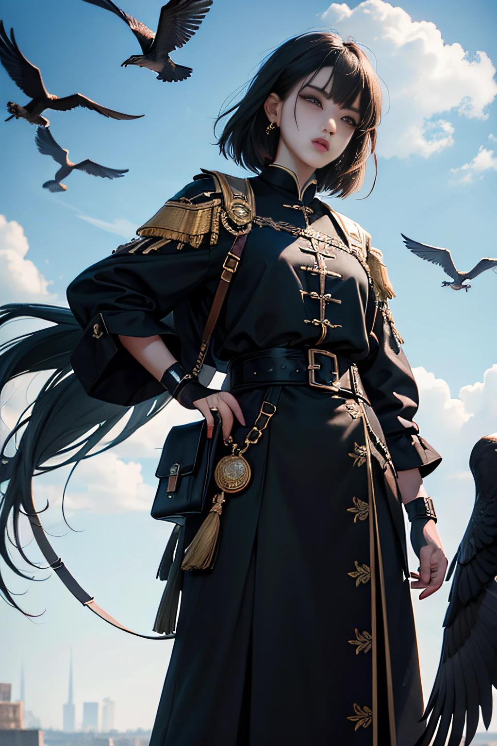 tmasterpiece,A high resolution,8K,CG animation,A flock of black magpies lined up in the sky。