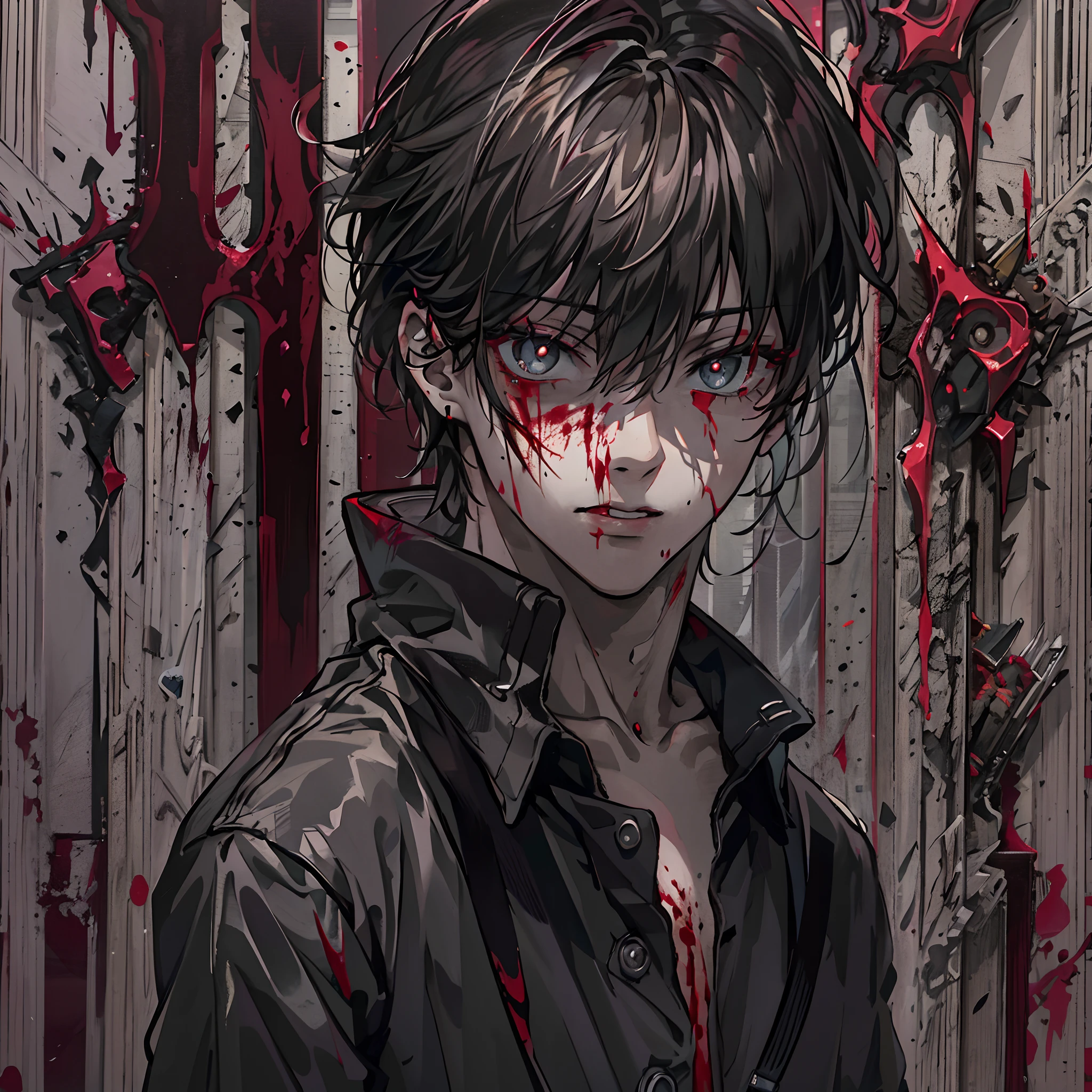 Superb quality,hyper-high detail,A 20-year-old boy,wearing a blacked shirt,brunette color hair,Black pupils,modernn architecture,front portrait,holding a knife,Be covered in blood