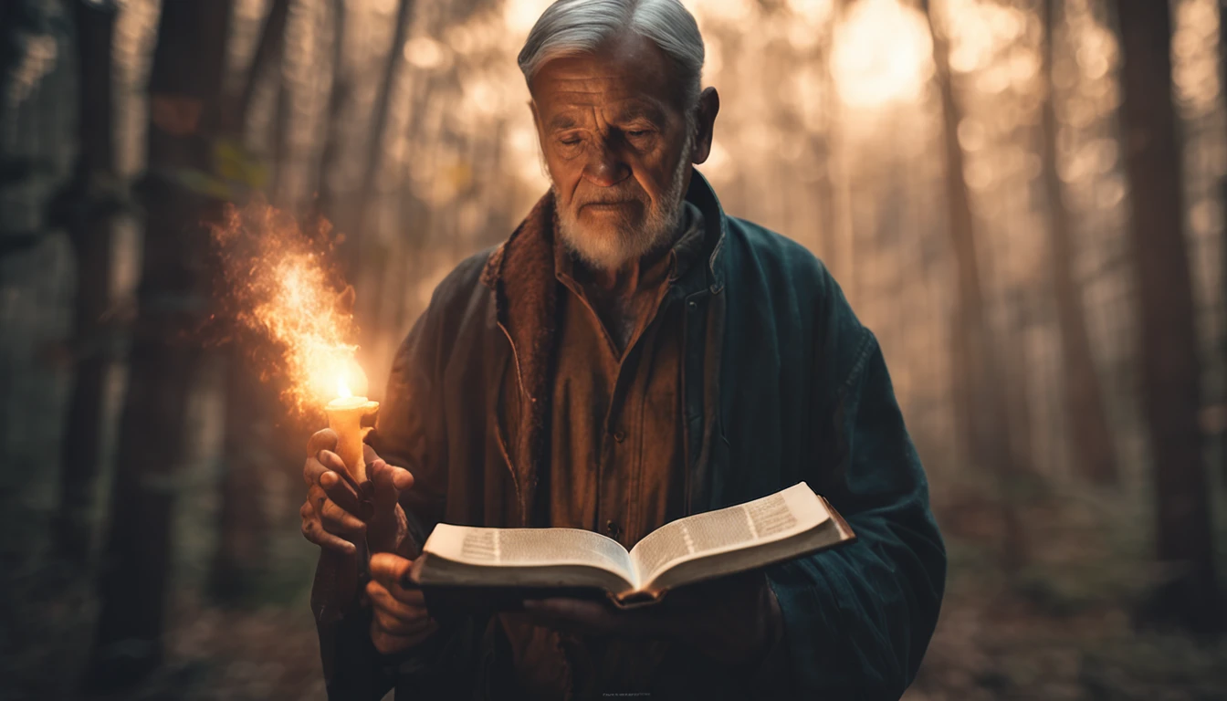 (Bible Times) an old man holding a luminous book in his hands, a demon at his side (Bible Times) Depth of Field, Bokeh, Realism, Photorealistic, Hyperrealism, Professional Photography, 8k UHD , DSLR, HDR , Piece of Master, Best Quality, Grainy Film, Photorealistic Painting, Fujifilm XT3