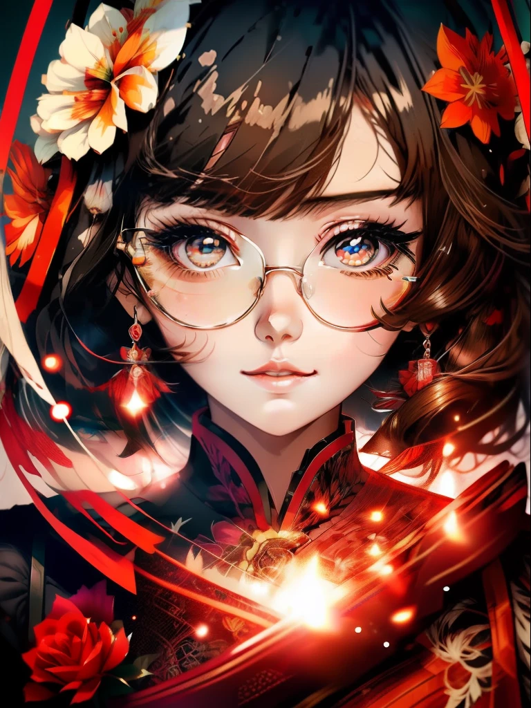 teens girl,Red roses,mandarin duck,white dresses,head portrait,eye glass,tmasterpiece,vectorial art,ultra - detailed,closeup cleavage,anime graphic illustration, Digital anime illustration,Official anime artwork, Best quality at best,超高分辨率, best shadow,style of anime4 K