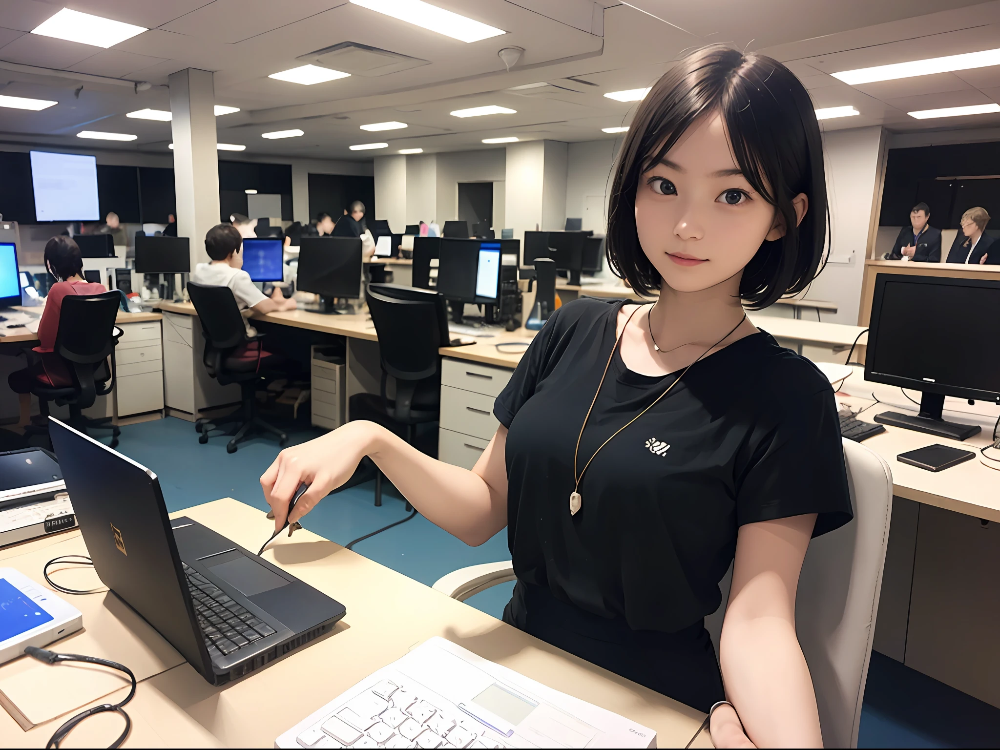 masutepiece, of the highest quality, 1 Lady, 20yr old, ((short-hair)), ((computer lab))