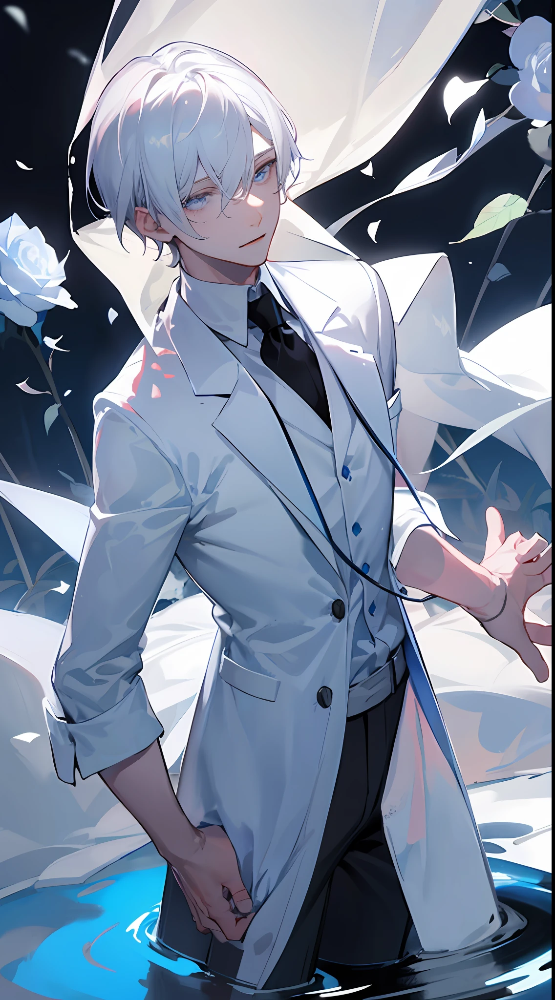 1boy,Male,Young man,Pale teenager,(((Rose blanche))),white shirt,((bandagens)),bloods,The screen contrast is low,High brightness,White hair,Rose flower,bloods,Light blue leaves,softlighting,misterious ambience,flood