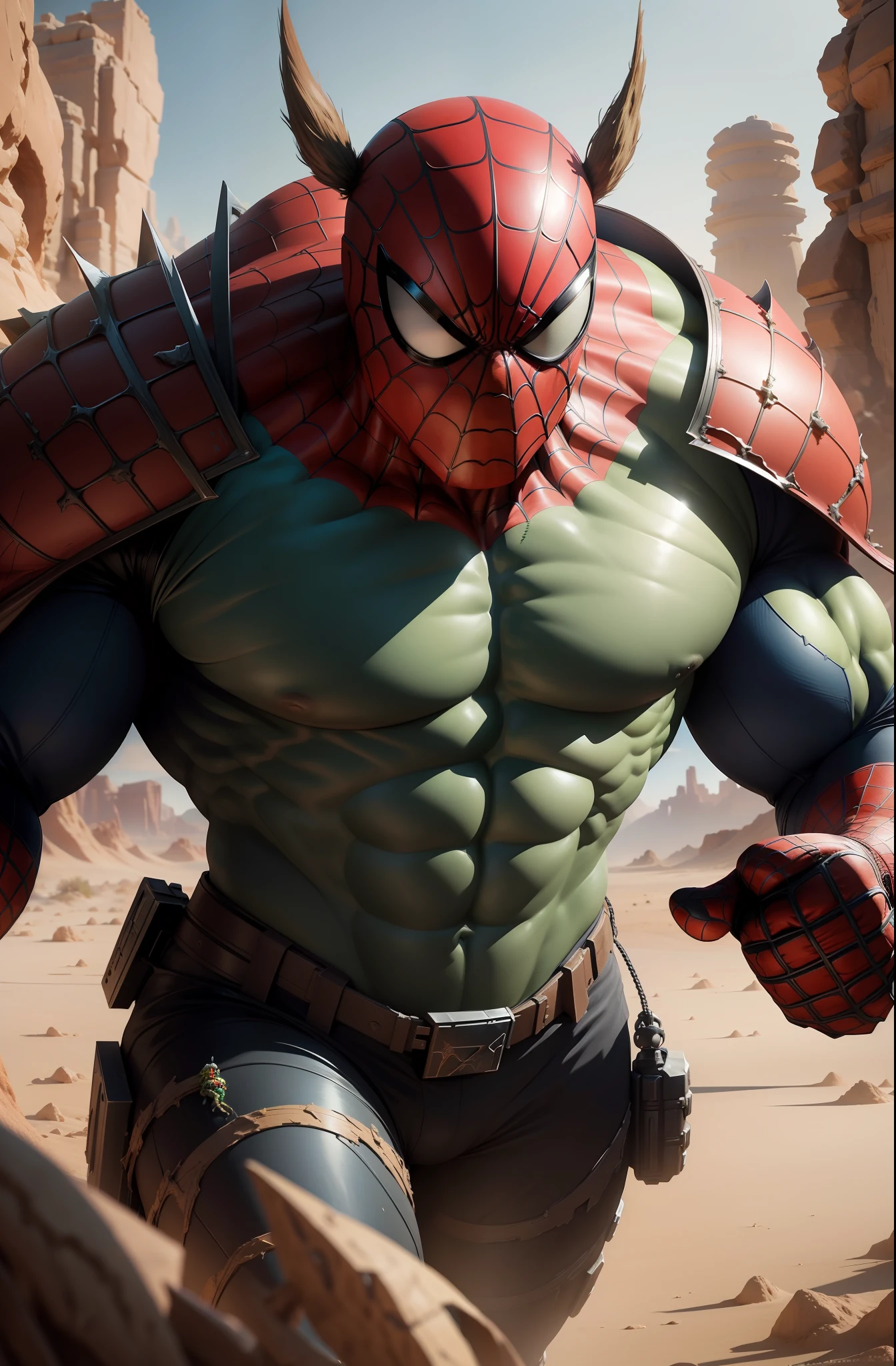 "Create an 8K image of a realistic desert setting, where the Spiderman and the Hulk of 2020 are together. Adicione alguns monstros assustadores e aves sinistras ao redor. I want to feel the mix of action and suspense as the heroes face the challenges of the desert and interact with these scary creatures."