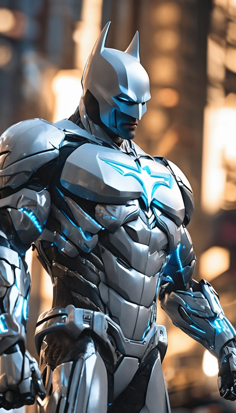 A realistic white and light blue batman in a titanium cybernetic suit, detalhado, designe perfeito, alta qualidade arestas perfeitas e simetricas ::n_desenho de estilo, Low-quality imperfection, boneco, jogo, anime