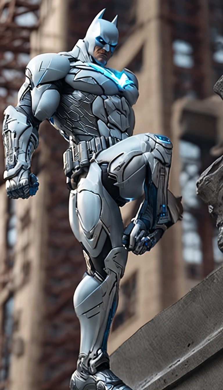 A realistic white and light blue batman in a titanium cybernetic suit, detalhado, designe perfeito, alta qualidade arestas perfeitas e simetricas  ::n_desenho de estilo, Low-quality imperfection, boneco, jogo, anime