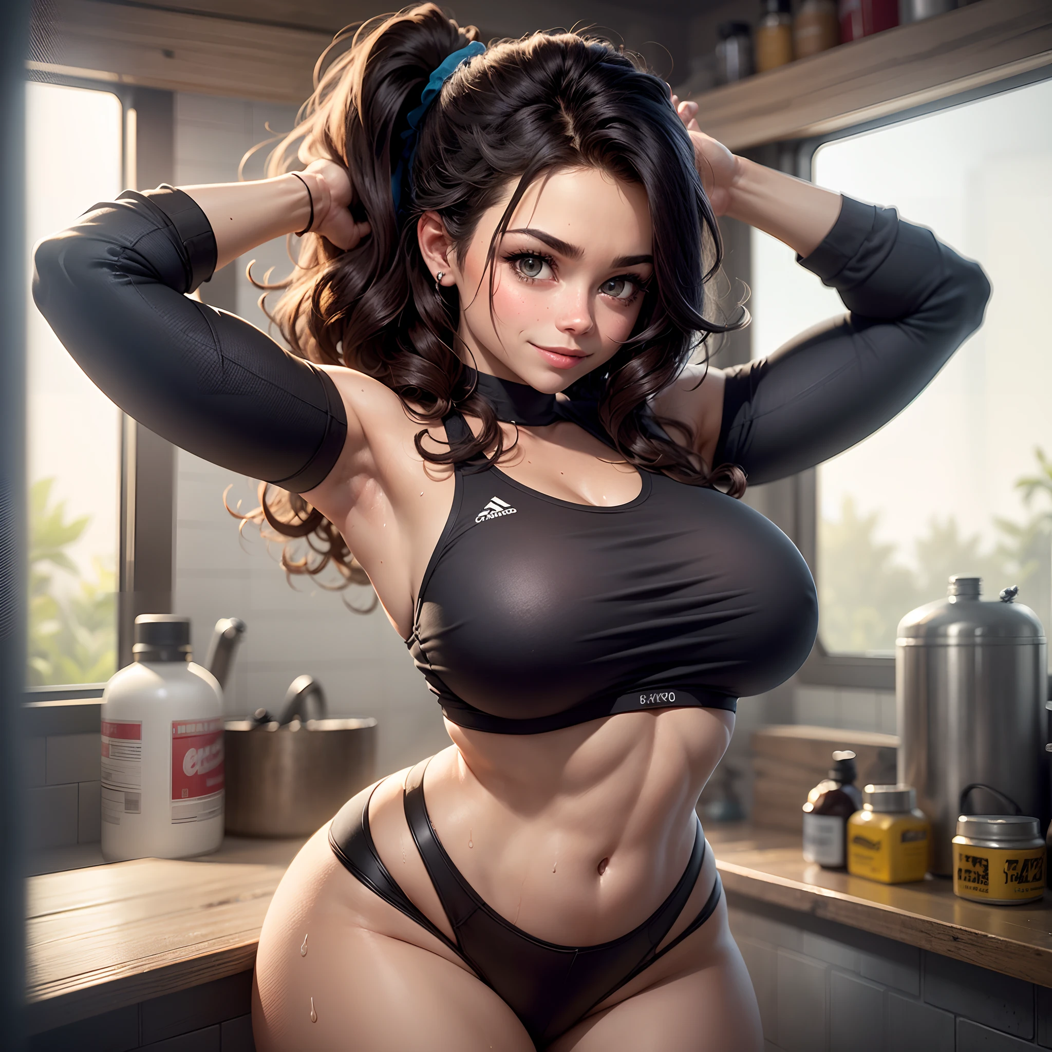 1 gorgeous girl (Sarah Hyland: 1.2), athletic body, massive perfect breasts, wide hips, curly black hair, eyes, environment change scene, (covered with a transparent white towel: 1.3), uncovered shoulders, (in a cramped sauna full of sweaty women: 1.4), illustration, ((masterpiece)), (((best quality))), UHD, highres, 8k, best quality, high details, anatomically correct, body side view, smile at camera