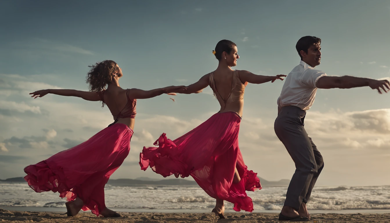 The Observer observes the pair of dancers as they dance in complete harmony. Los pasos de los danzantes son suaves y fluidos, como si estuvieran flotando. El viento se mezcla perfectamente con su danza