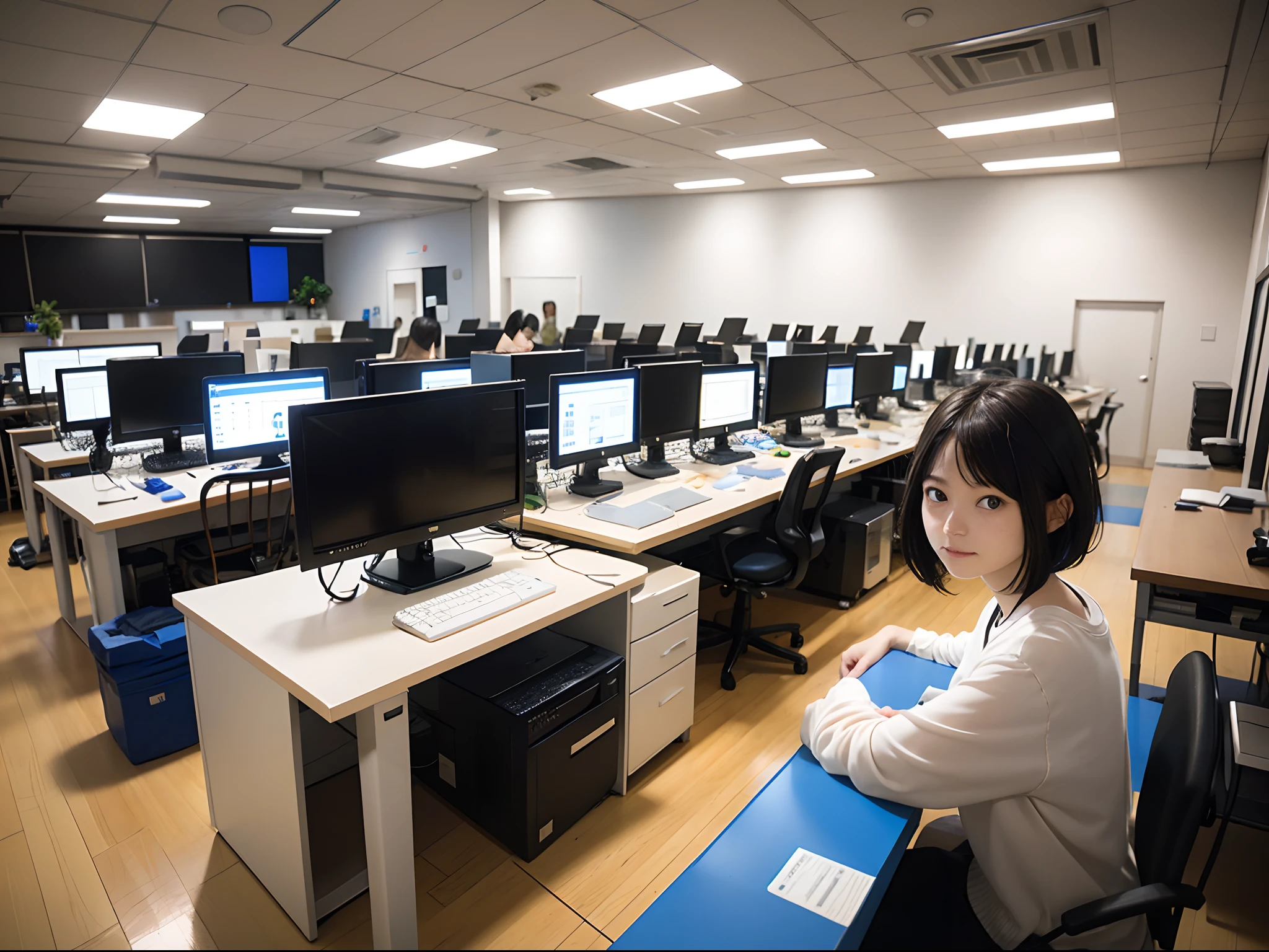 masutepiece, of the highest quality, 1 Lady, 20yr old, ((short-hair)), ((computer lab))