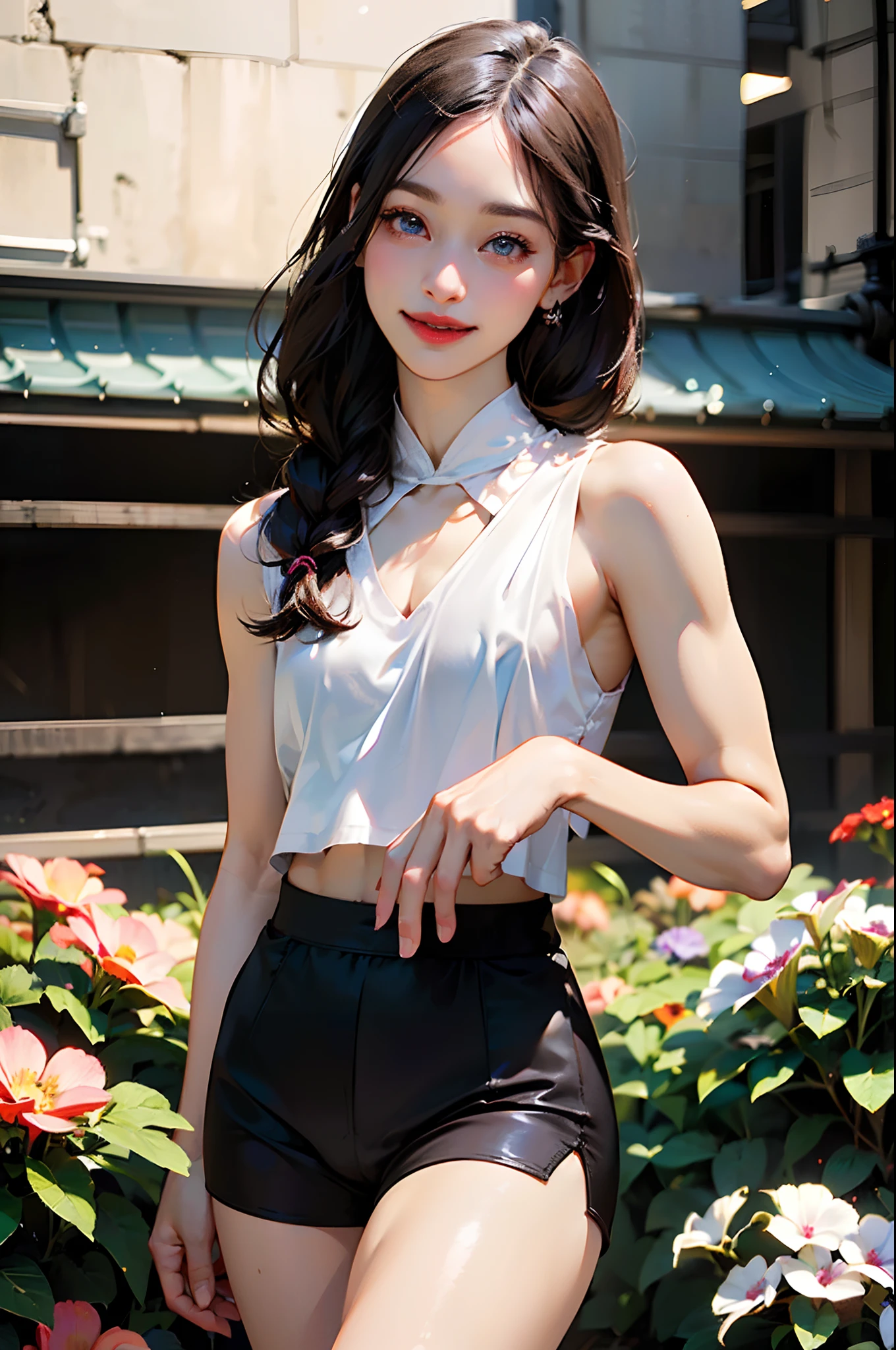 (Excellent photo of a beautiful Japanese Lady),
((highly detailed, best quality)),(photorealistic:1.2),8k,(high resolution),(depth of field:1.2),(character focus),perfect anatomy
(1girl),(26yo),
((cowboy shot)),looking at viewer,
((beautiful detailed eyes)),(narrow face:1.2),thick eyebrows,(falling eyebrows),(tareme:1.2),(blue eyeshadow),big eyes,
(smiling),blush,(super detailed skin),
(parted lips:1.1),(plump lips:1.2),(glossy lips),(lipstick)
braid,(black medium hair),(pulled back hair),((wide forehead)),
(ideal ratio body proportions:1.3),(tall body:1.2).
(flat chest:1.4), (nipples visible through clothes),(muscular:1.2)
(hot pants:1.2),sleeveless,(midriff top),(crotch bulge:1.2),((stocking))
flower garden