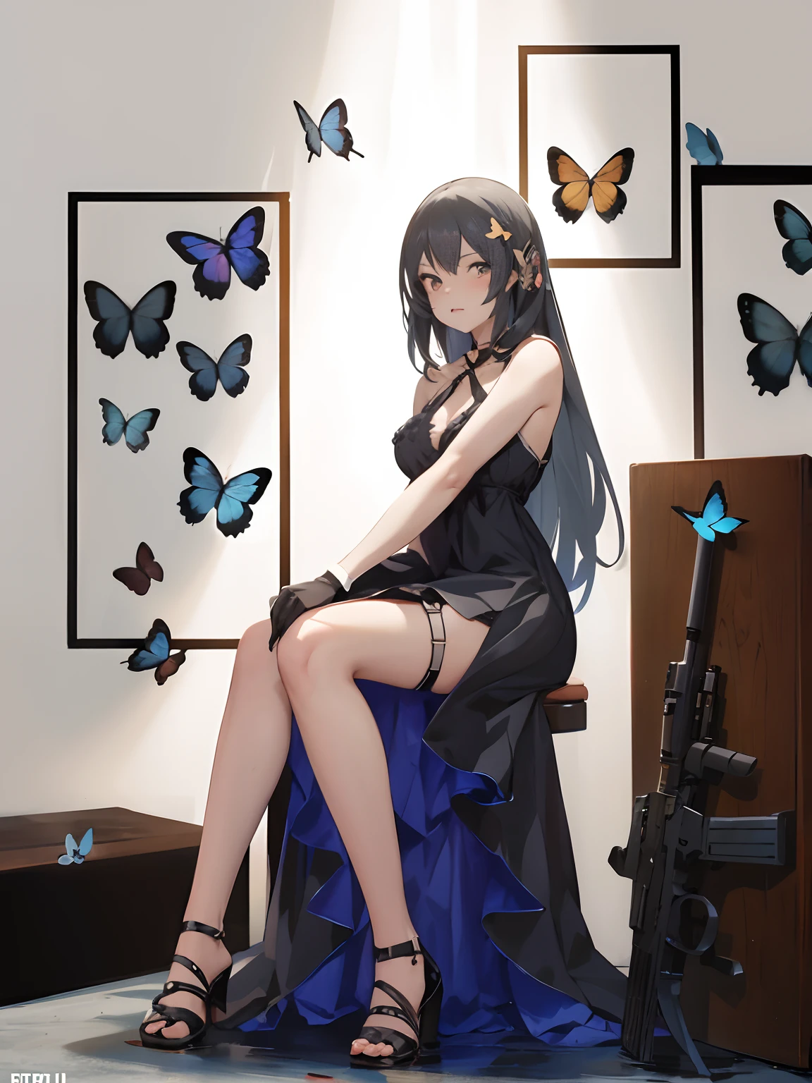 anime girl sitting on a chair with a gun and butterflies flying around her, from girls frontline, fine details. girls frontline, girls frontline style, m4 sopmod ii girls frontline, girls frontline cg, girls frontline, anime girl wearing a black dress, girls frontline universe, seductive anime girl, anime moe artstyle, [ 4 k digital art ]!!