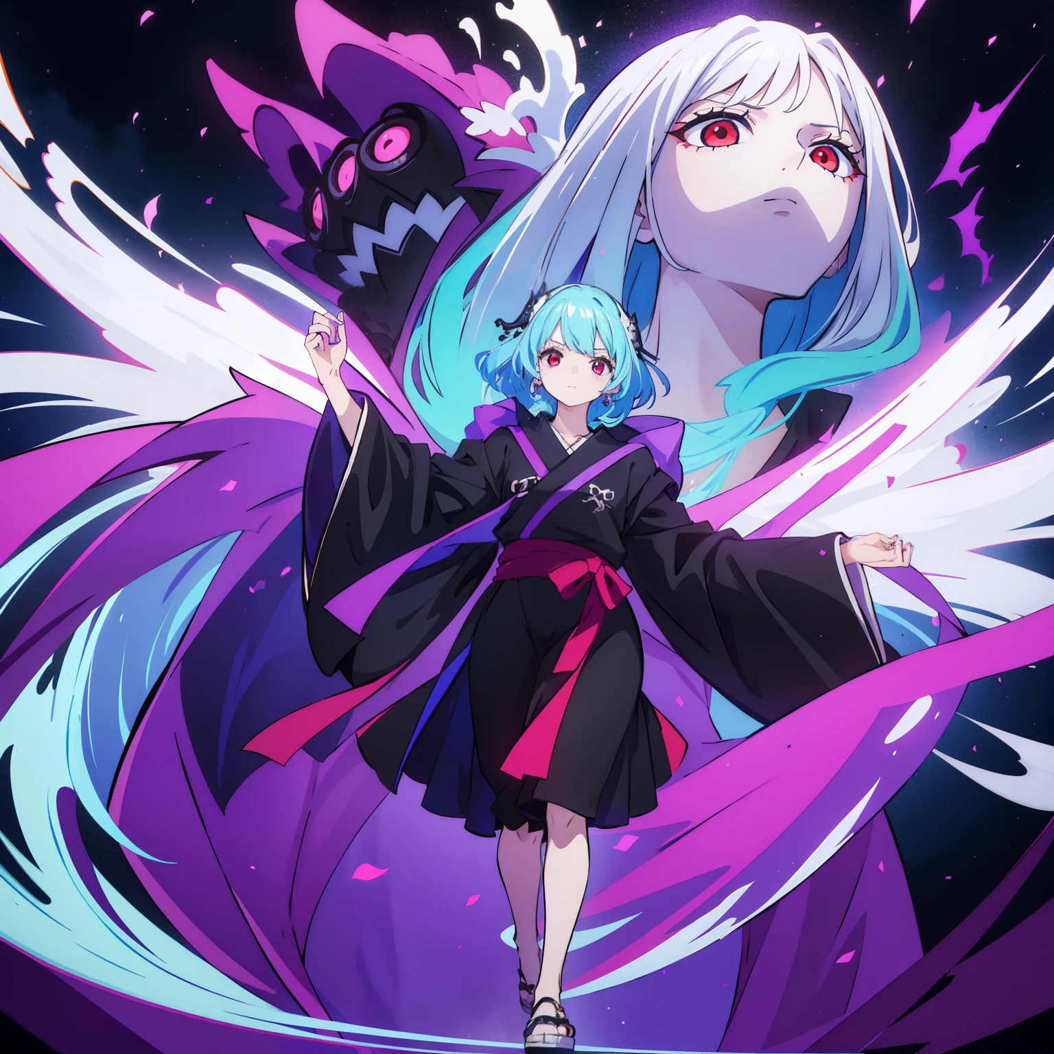 masutepiece, Fine details, 4K, 8K, 12K, Solo, 1 person, Beautiful Girl, caucasian female, 15 years old, 149 cm, Light blue hair, Short hair, Wavy Hair, Red Eyes, Black costume、black robes, Long sleeves, Wide sleeves, long hem, long hem、I can't see my knees、Black hood、Full body black、Purple effect、Dragon effect