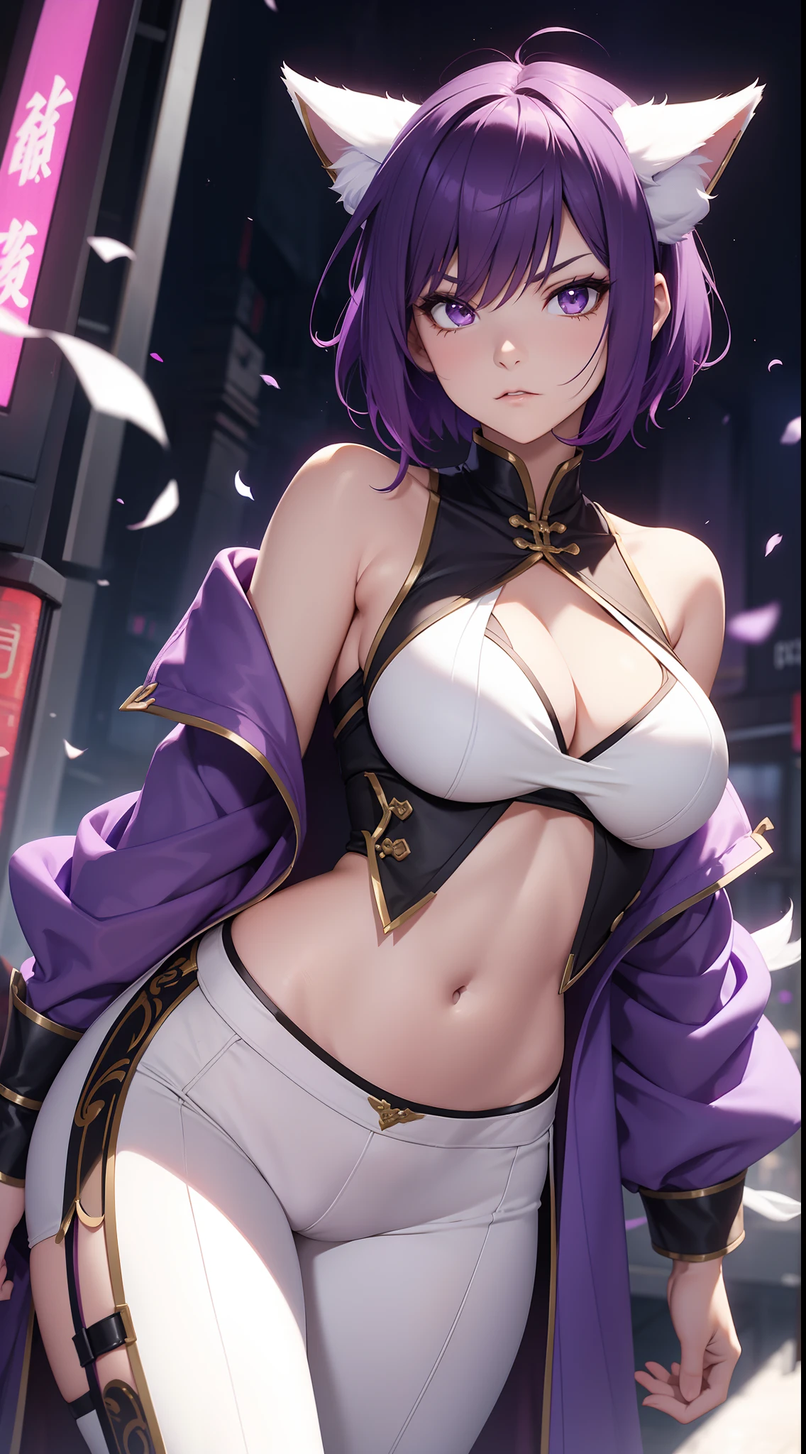 Adult woman, short purple hair with white strands, Fox ears, violet eyes, Chinese Battle Dress, neckline on the chest, open belly, tight pants, Fox tails, angry, Masterpiece, hiquality