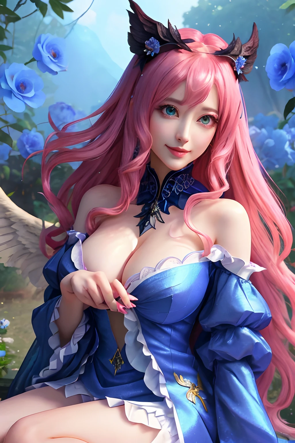 masutepiece, High resolution, 8K, anime woman, Delicate and detailed writing 、detailed digital illustration詳細、Very Long Pink Hair、albedo、Succubus、Black wings、独奏、big cute eye、The pupil is a pink pupil、The inside of the eye sparkles like a diamond、maid clothes、A little erotic、Do they have big black feathers?、Growing、Background surrounded by blue sky and blue flowers、morning、high-level image quality、细致背景、Invisible chest、The corners are black、Very pretty woman、Be realistic、Blue roses near the corner、Realistic Woman、Innocently frolicking、a smile