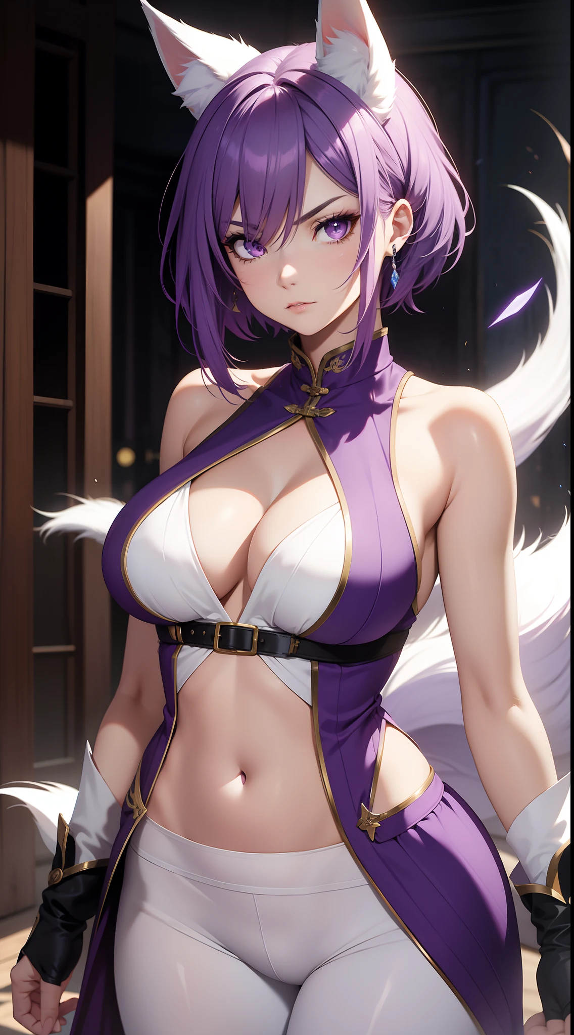 Adult woman, short purple hair with white strands, Fox ears, violet eyes, Chinese Battle Dress, neckline on the chest, open belly, tight pants, Fox tails, angry, Masterpiece, hiquality