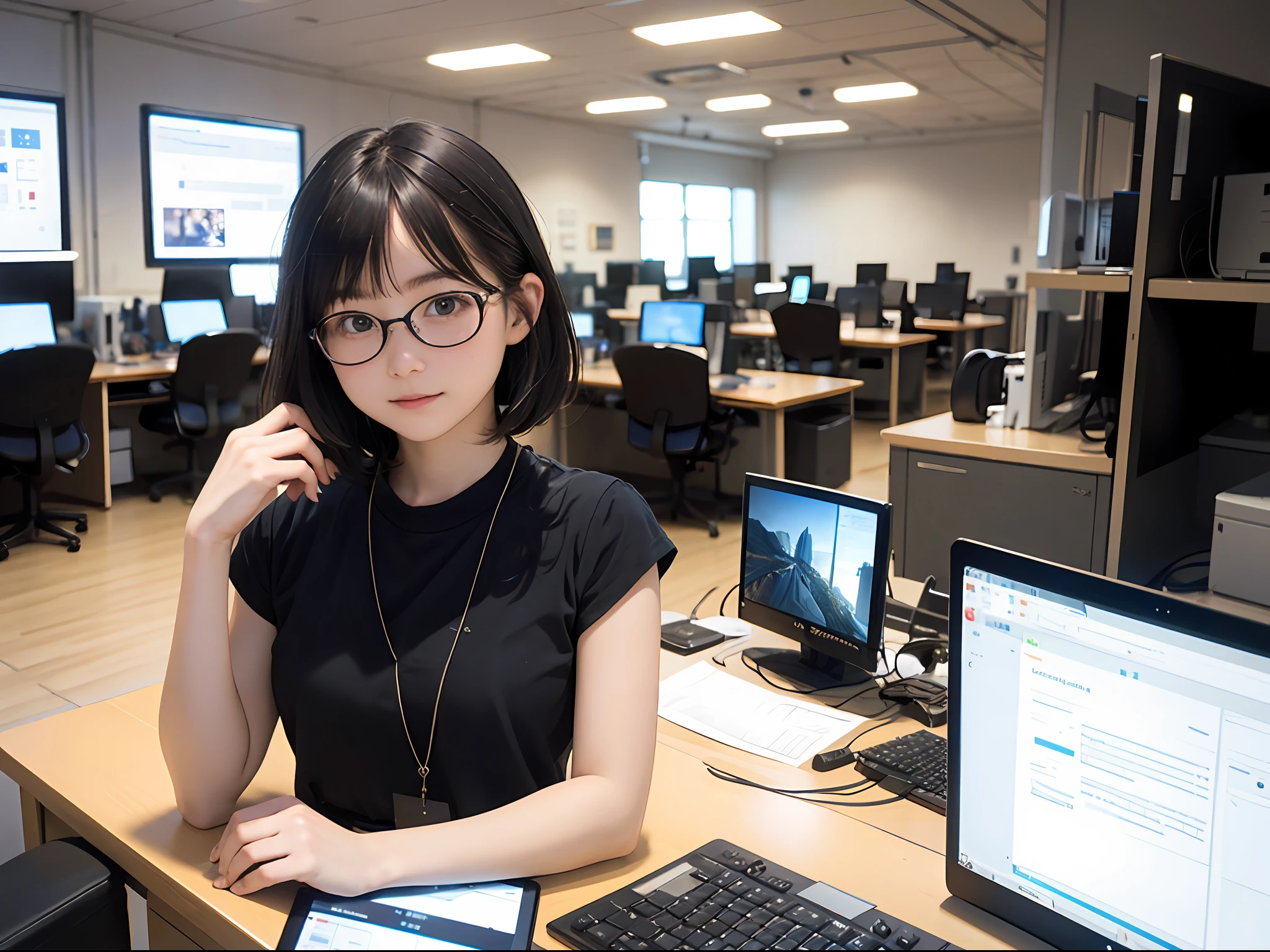 masutepiece, of the highest quality, 1 Lady, 20yr old, ((short-hair)), ((computer lab))