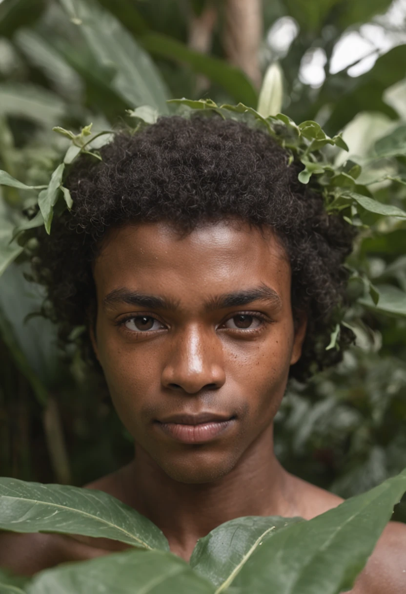 Na arte ultra realista, a verdant backdrop is depicted, com plantas exuberantes e folhagens diversas. Entre as plantas, vemos um menino afro-brasileiro, black skin bright eyes peeking from behind a bush,as folhagem cobrem metade do seu rosto com um olhar travesso e um sorriso malicioso que se destaca em seu rosto. The boy's half of his face is in focus, allowing the viewer to see the minute details of his expression. Seus olhos possuem um brilho cativante e travesso, while the arched eyebrows add a touch of malice to her gaze. The nose is slightly flattened and the lips are thin, curvados em um sorriso que revela seus pequenos dentes brancos . Shirtless and wears a plain red cap on his head