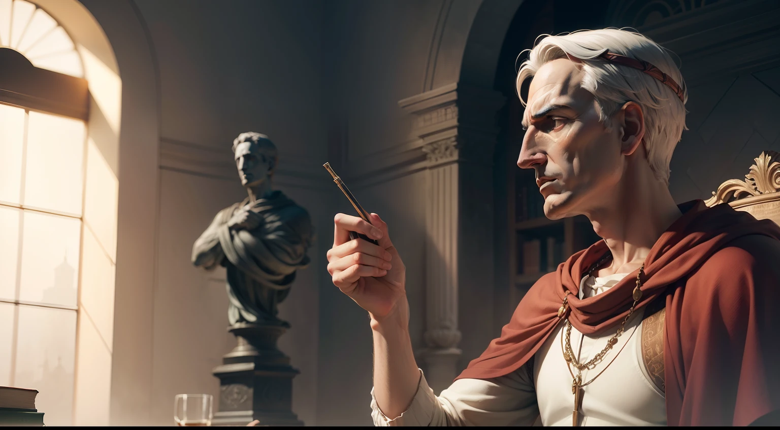 Illustrate the Stoic Cicero in a scene of philosophical dialogue, exploring the principles of virtue and Stoic ethics