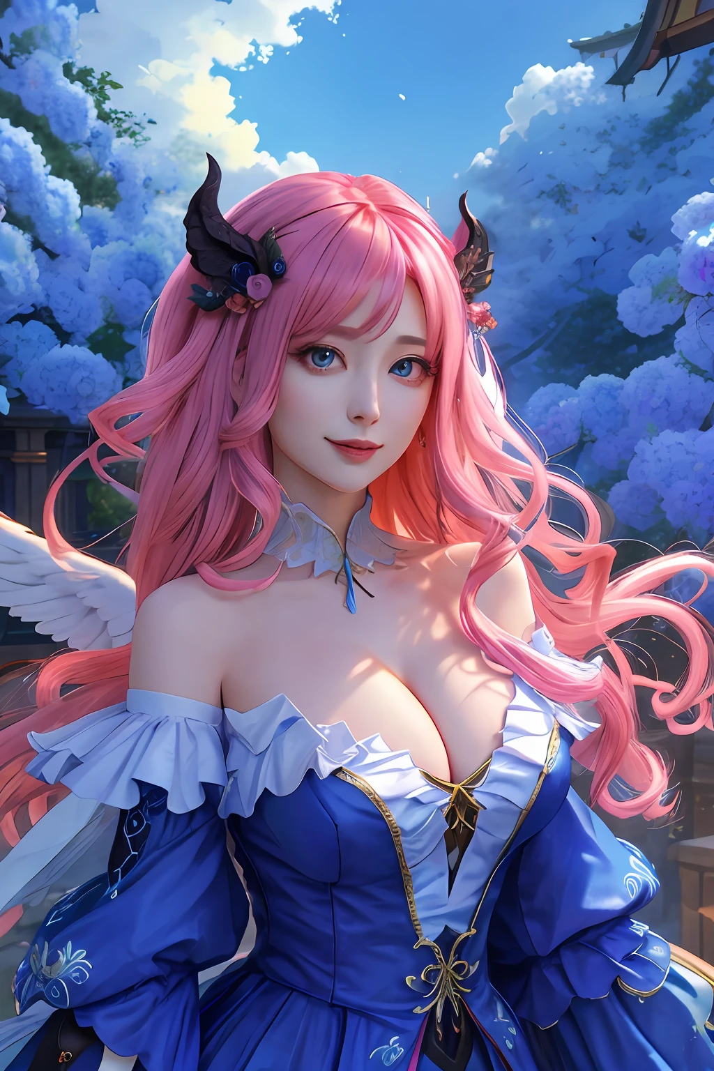masutepiece, High resolution, 8K, anime woman, Delicate and detailed writing 、detailed digital illustration詳細、Very Long Pink Hair、albedo、Succubus、Black wings、独奏、big cute eye、The pupil is a pink pupil、The inside of the eye sparkles like a diamond、maid clothes、A little erotic、Do they have big black feathers?、Growing、Background surrounded by blue sky and blue flowers、morning、high-level image quality、细致背景、Invisible chest、The corners are black、Very pretty woman、Be realistic、Blue roses near the corner、Realistic Woman、Frolic innocently、A smile、Rainbow in the sky