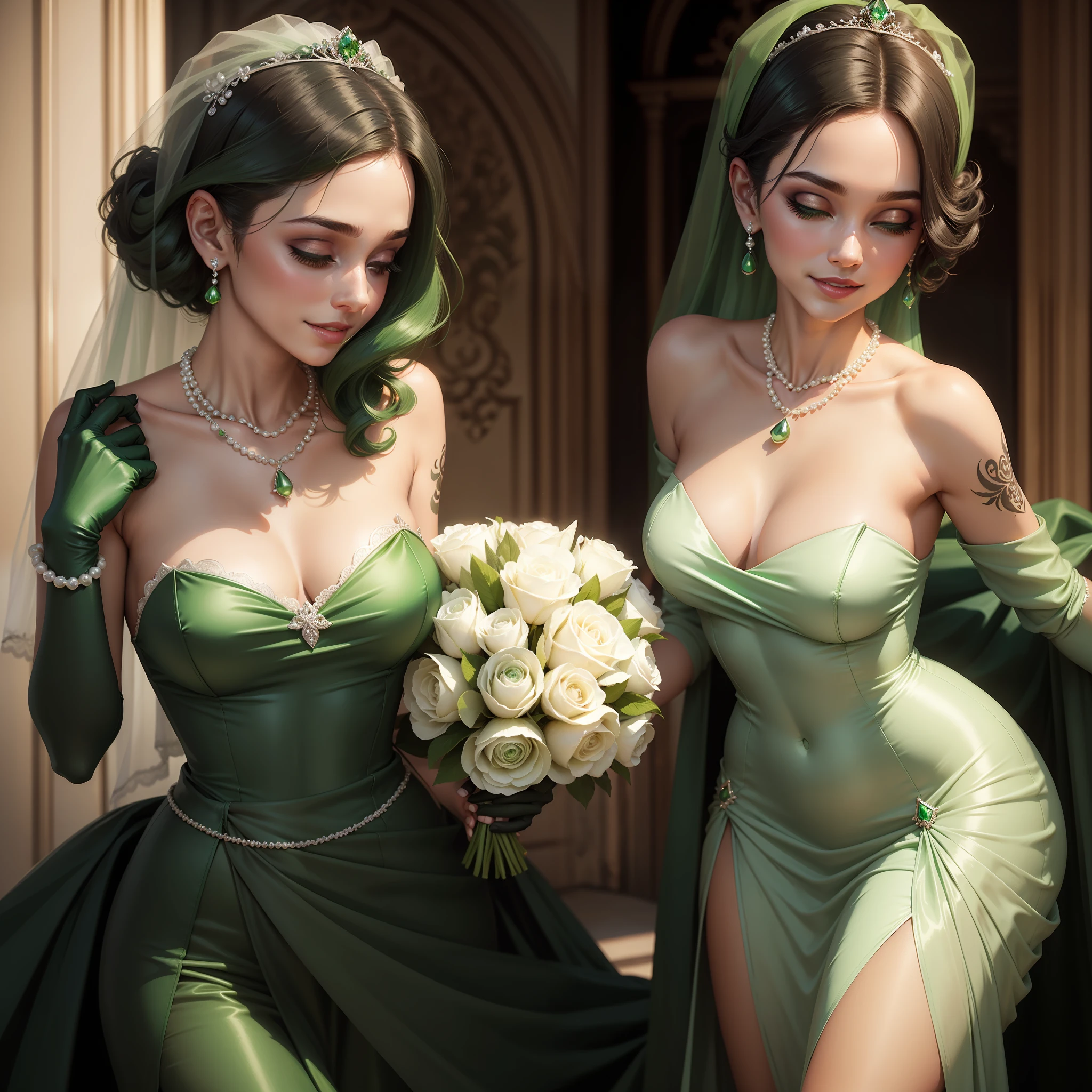 Green Pearl Necklace, Satin green long gloves, lipsticks, Green shorthair, satin, Green dress, bride, the kiss, A smile, tiarra, The tattoo