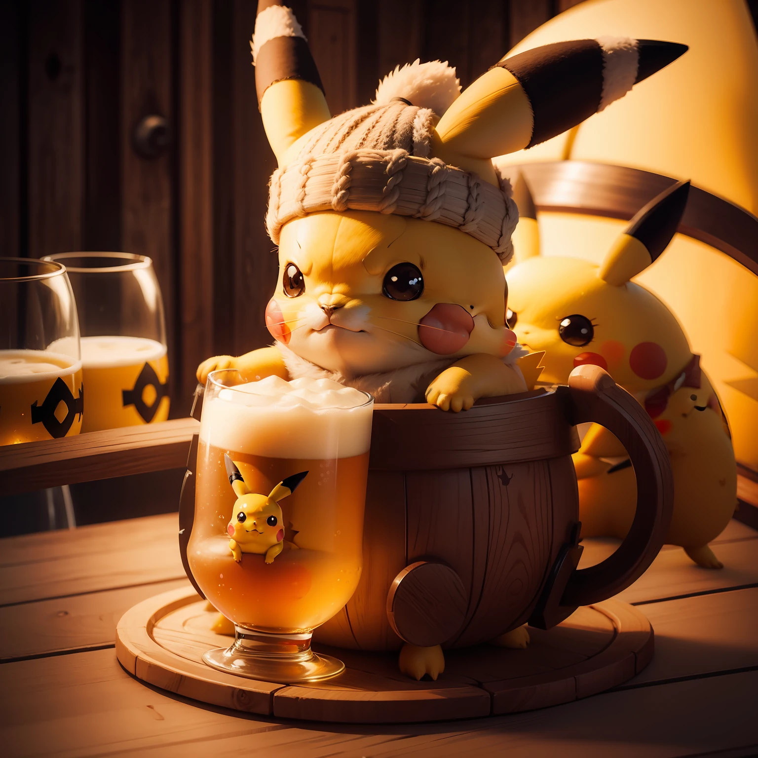 Pikachu with Viking hat holding a glass of beer