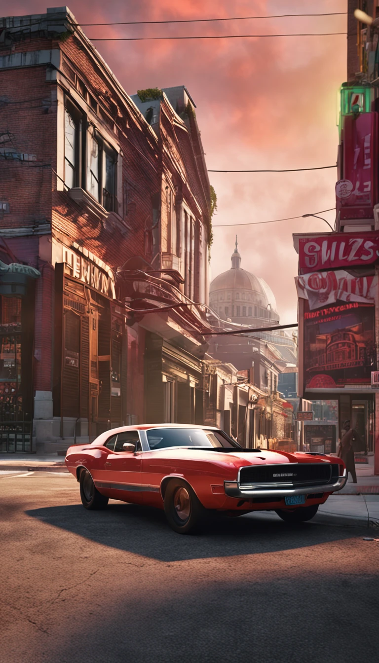 ultra-realistic image, Hellcat on the corner of the street,Street buildings in the background
